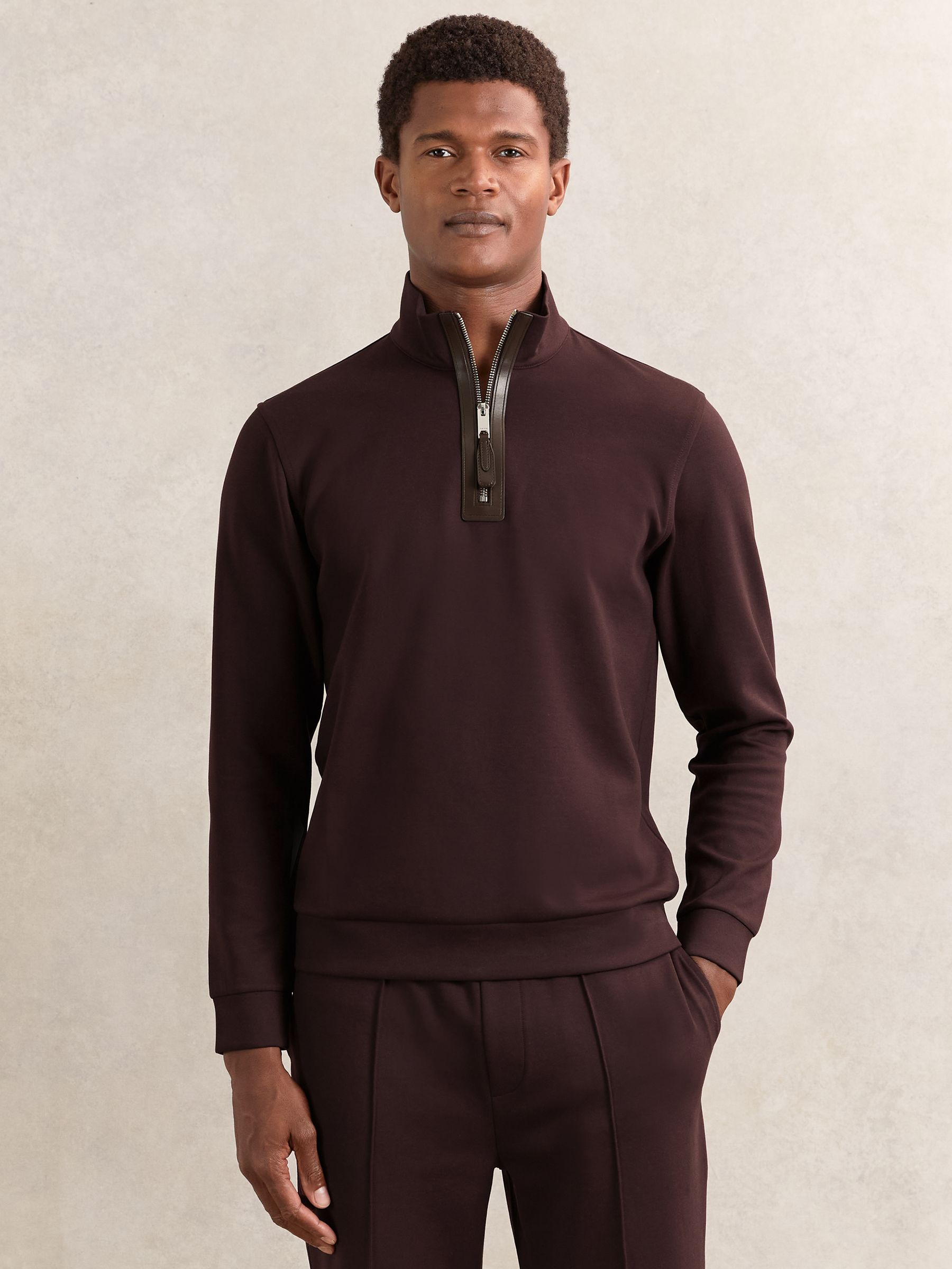 Leather-Placket Interlock Sweatshirt in Cherry Red - Image 1 of 5