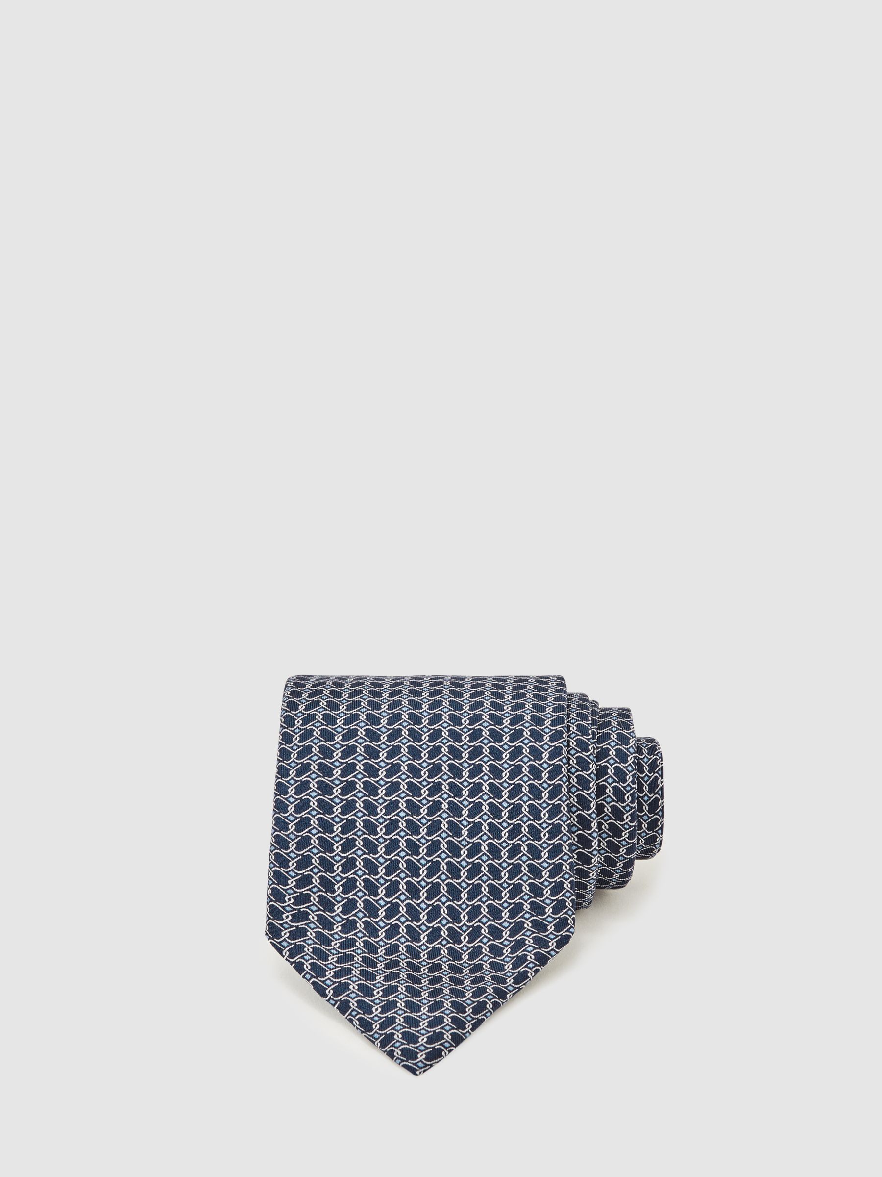 Silk Geometric-Chain Print Tie in Navy - Image 1 of 6
