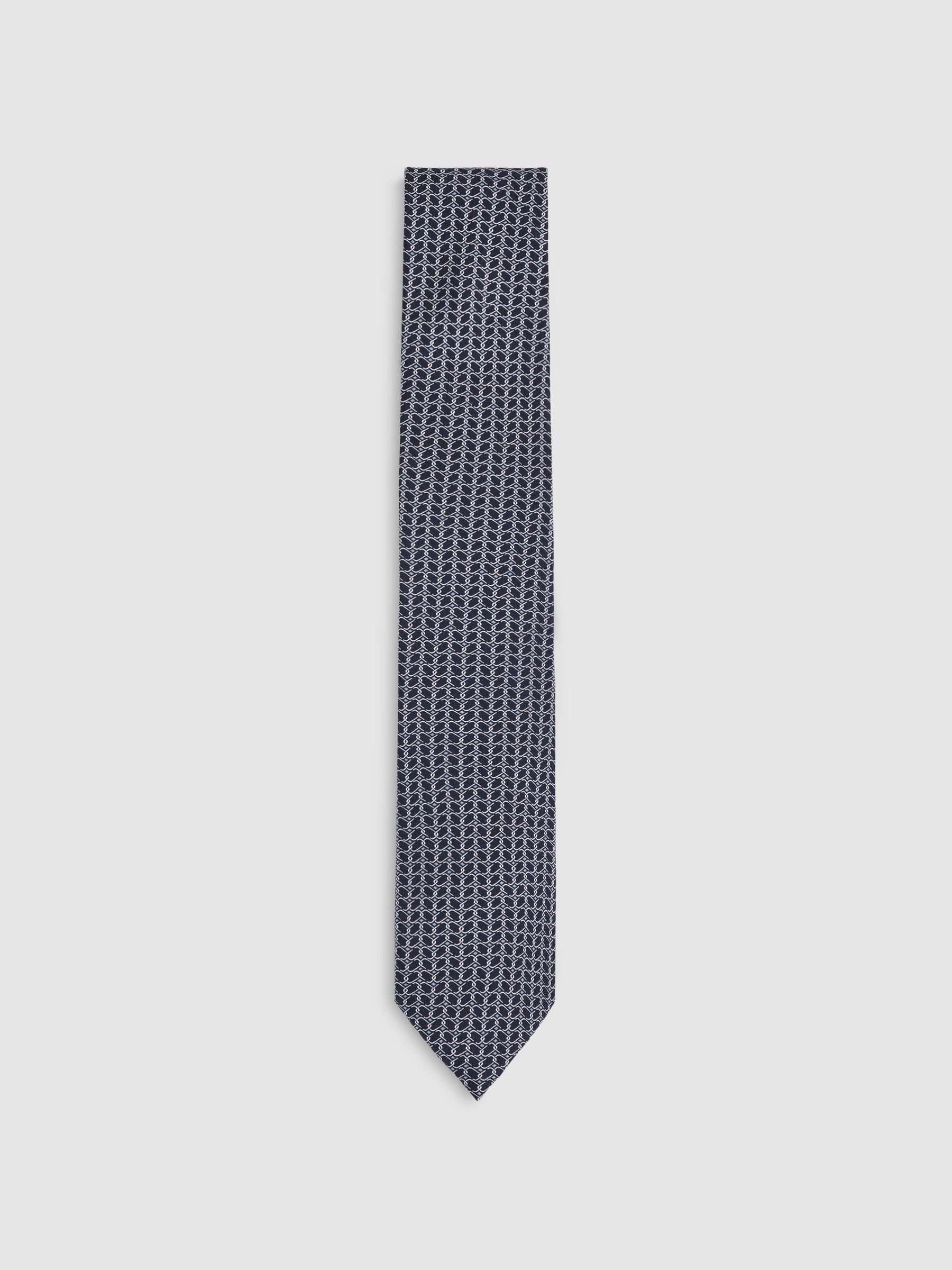 Silk Geometric-Chain Print Tie in Navy - image 5