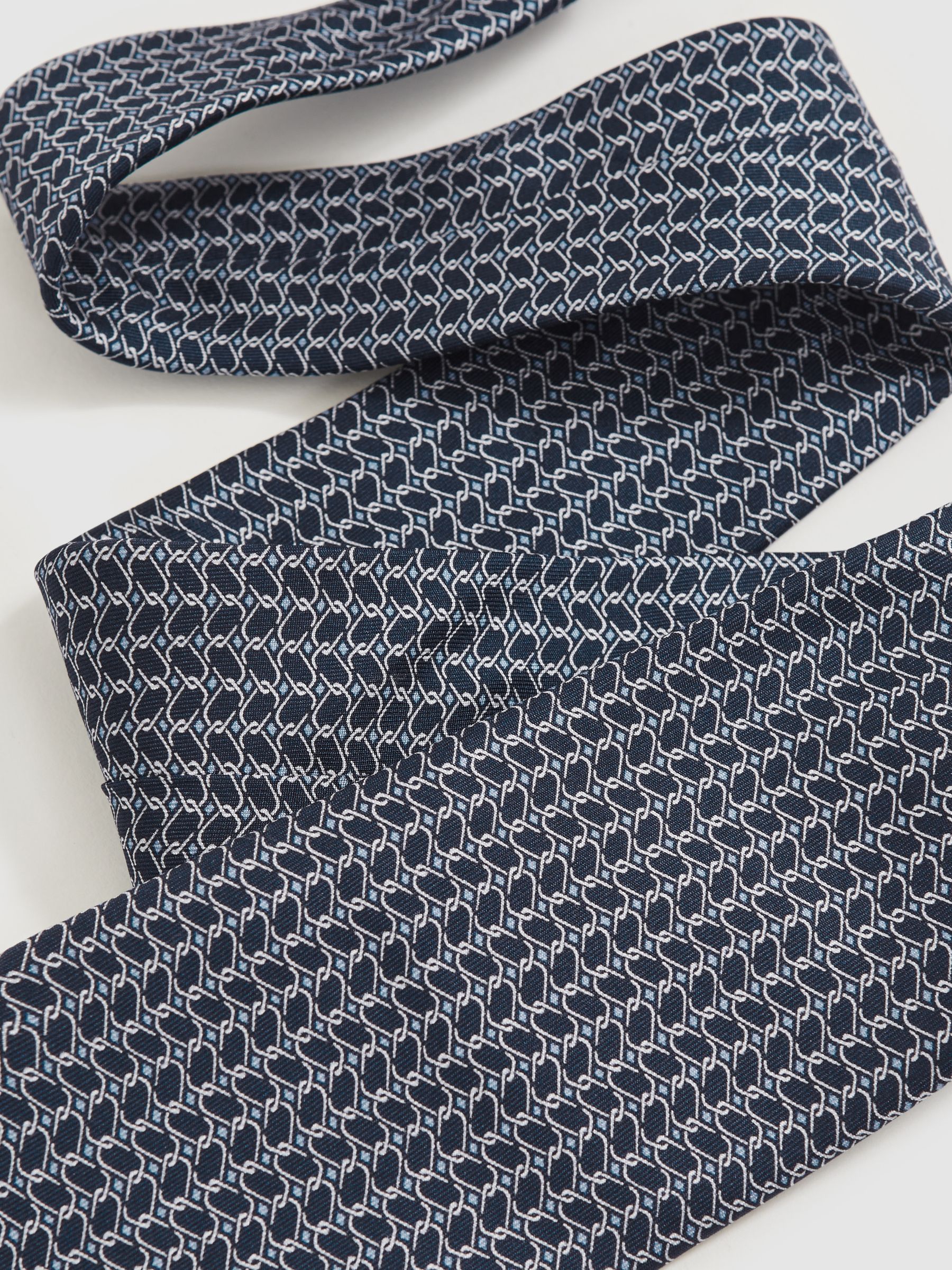 Silk Geometric-Chain Print Tie in Navy - image 4