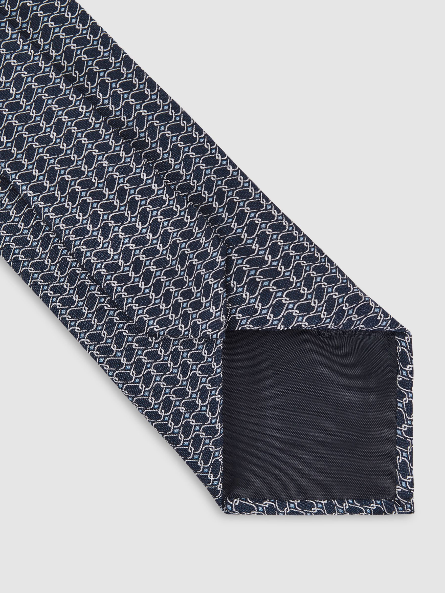 Silk Geometric-Chain Print Tie in Navy - image 3