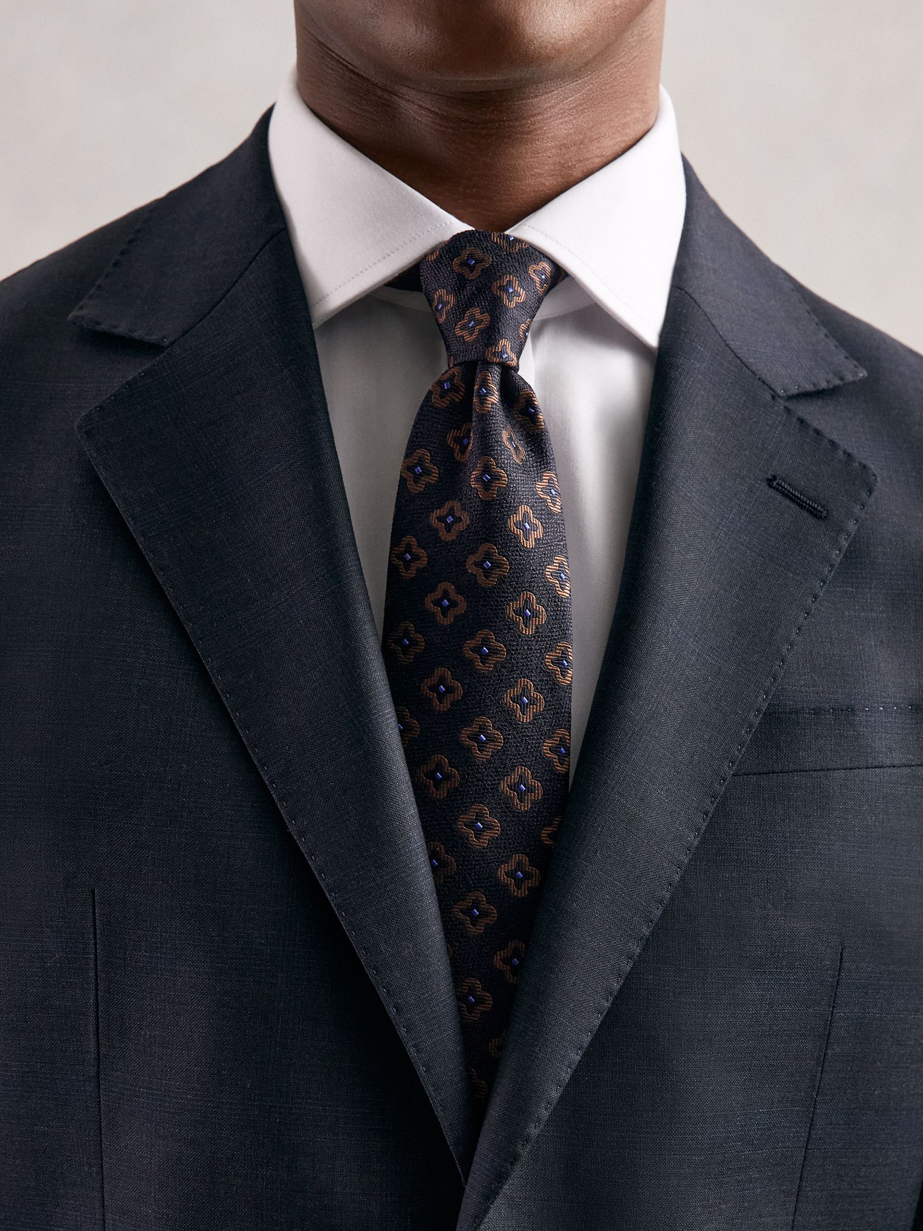 Silk-Wool Floral-Medallion Tie in Navy - Image 4 of 6
