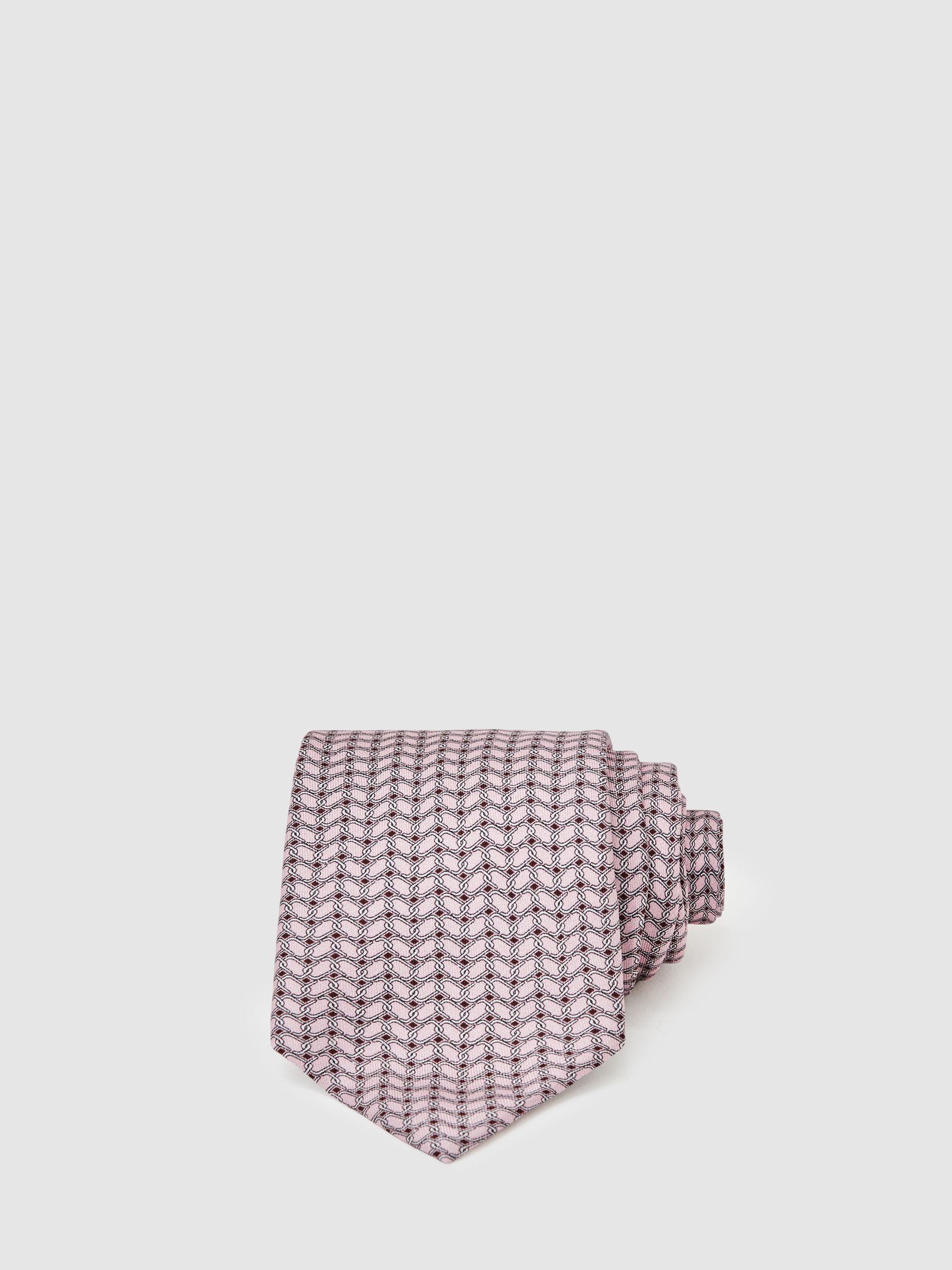 Silk Geometric-Chain Print Tie in Soft Pink - Image 1 of 6
