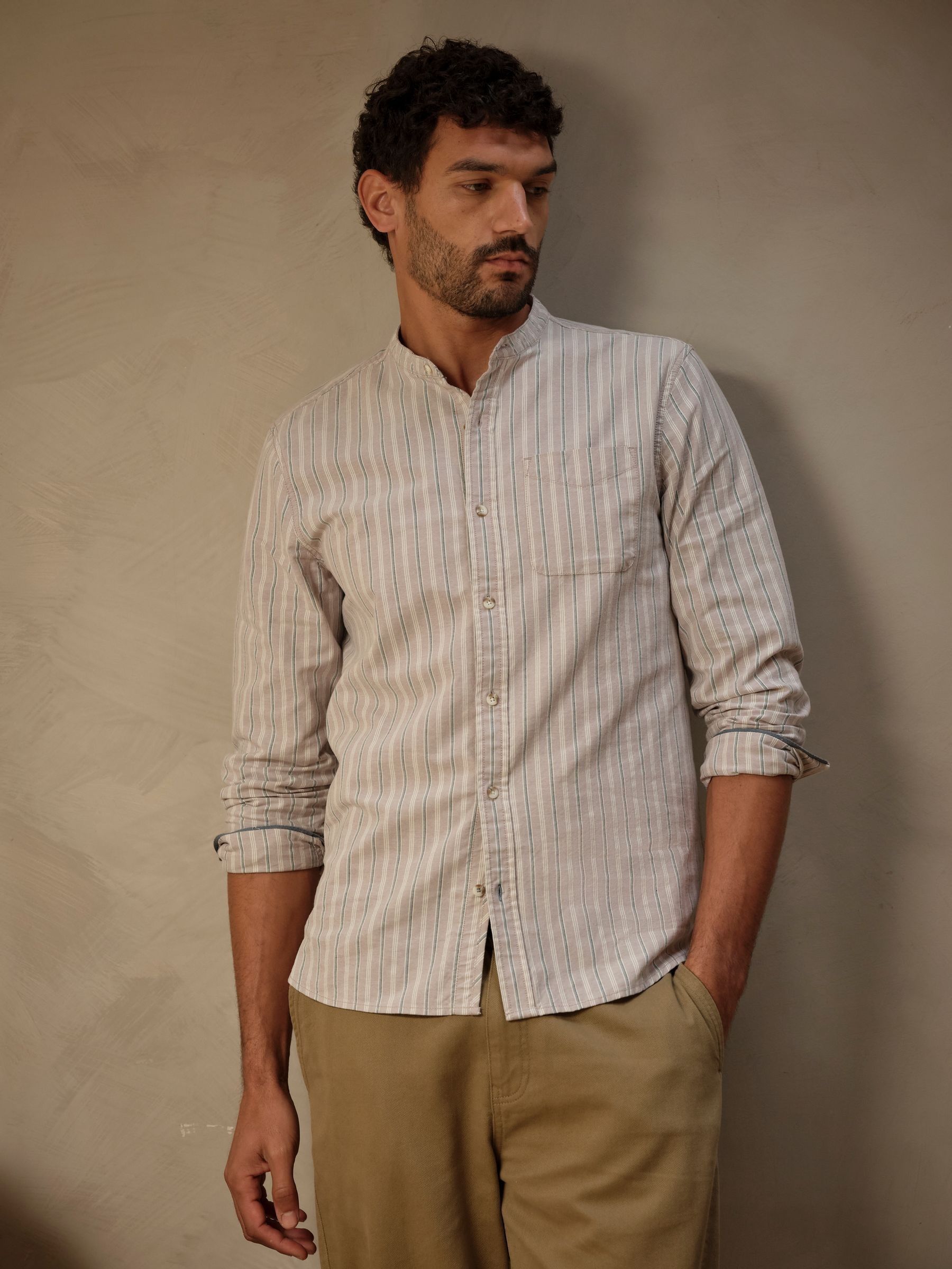 Long Sleeve Oxford Stripe Grandad Shirt