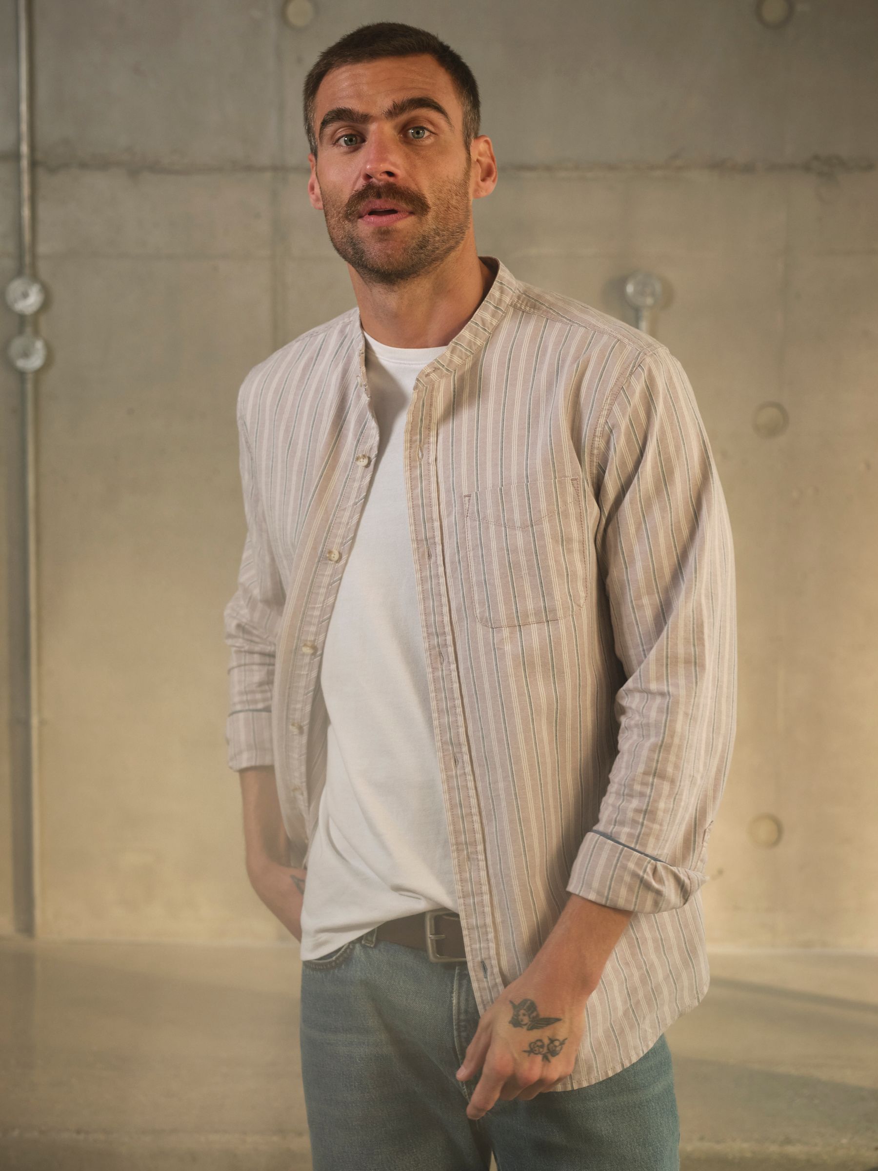 Dusky Purple Long Sleeve Oxford Stripe Grandad Shirt - Image 2 of 7