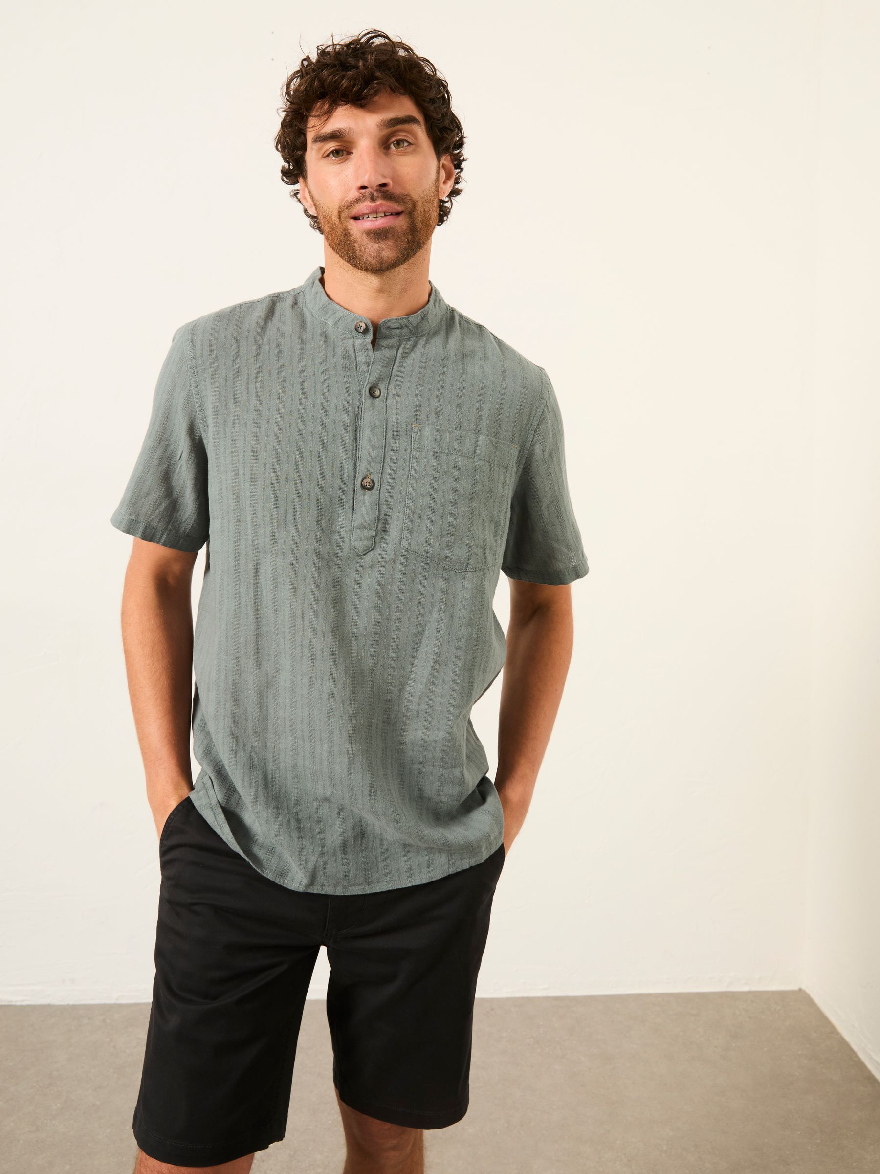 Bugle Jade Green Self Stripe Short Sleeve Grandad Popover Shirt - Image 1 of 7