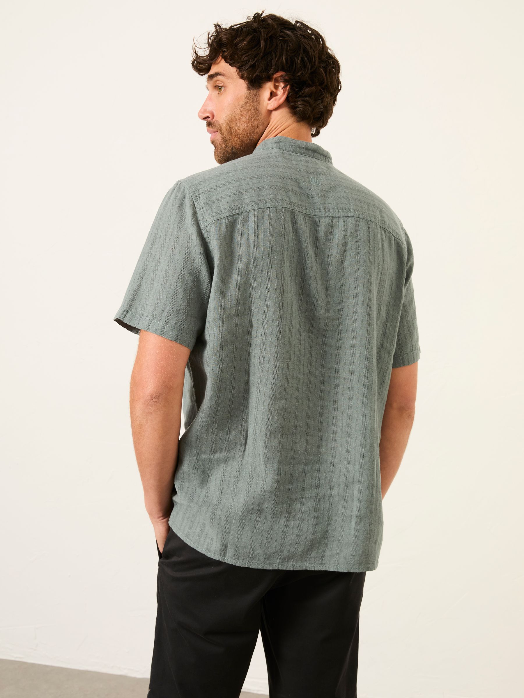 Bugle Jade Green Self Stripe Short Sleeve Grandad Popover Shirt - Image 2 of 7