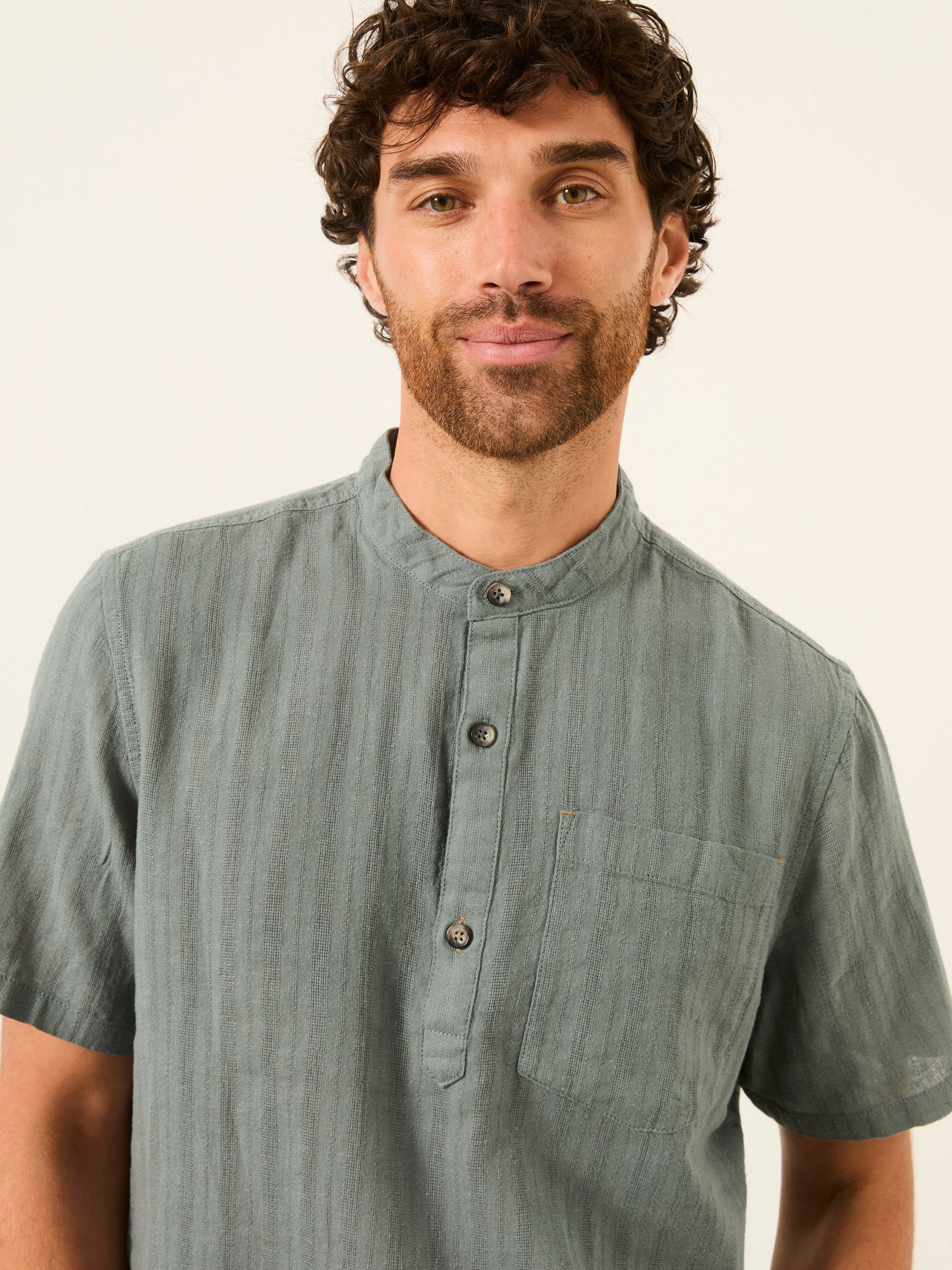 Bugle Jade Green Self Stripe Short Sleeve Grandad Popover Shirt - Image 4 of 7