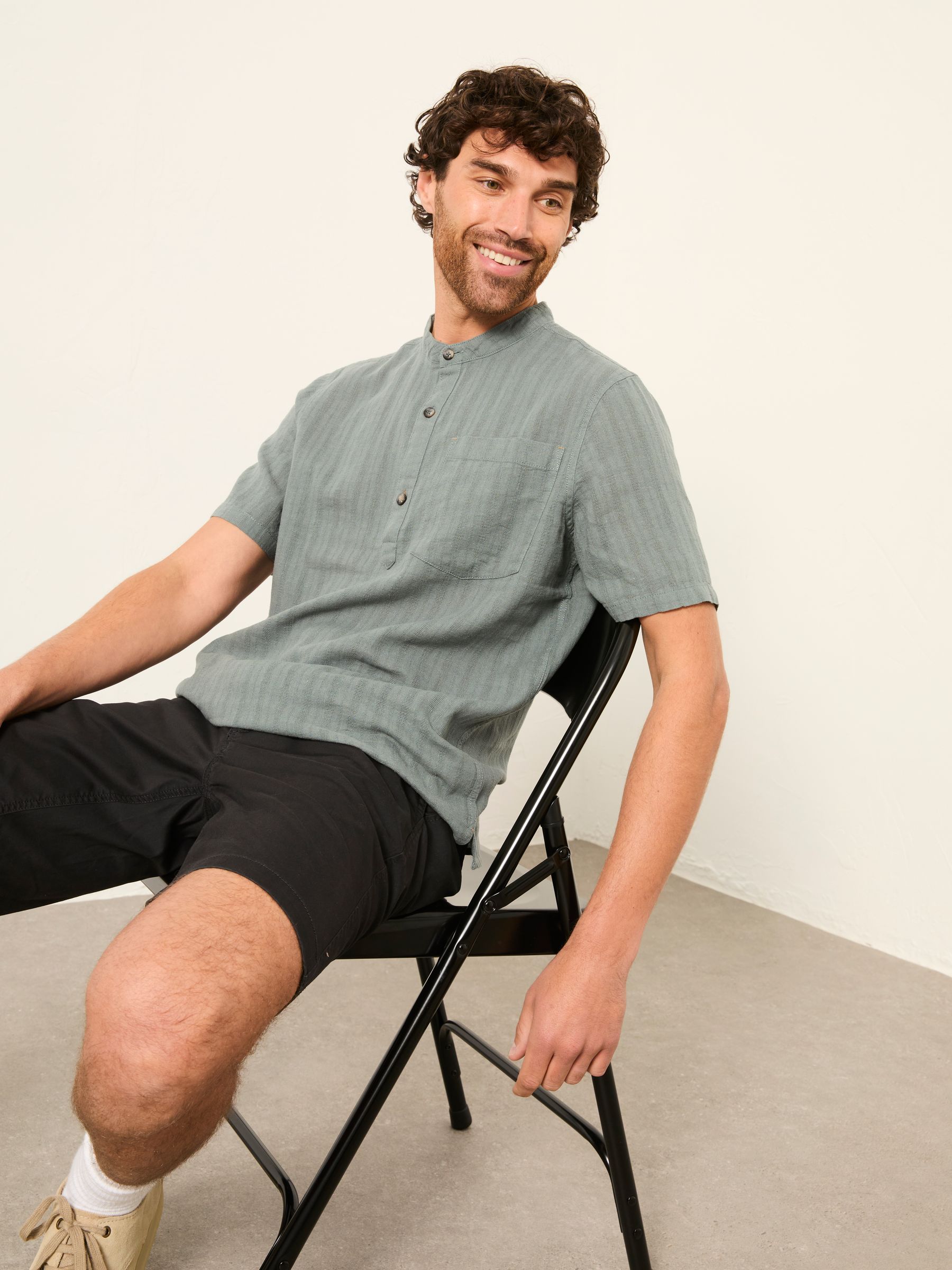 Bugle Jade Green Self Stripe Short Sleeve Grandad Popover Shirt - Image 5 of 7