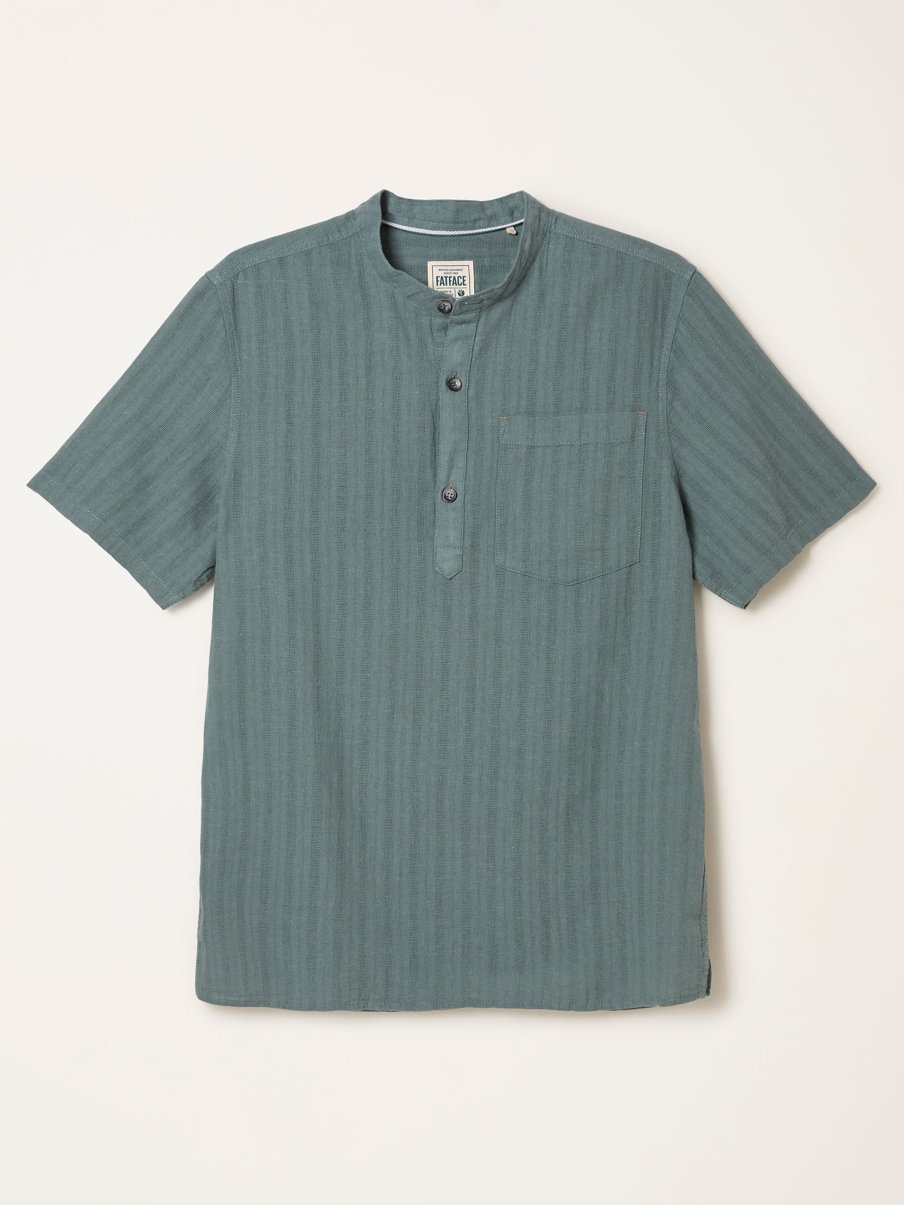 Bugle Jade Green Self Stripe Short Sleeve Grandad Popover Shirt - Image 6 of 7