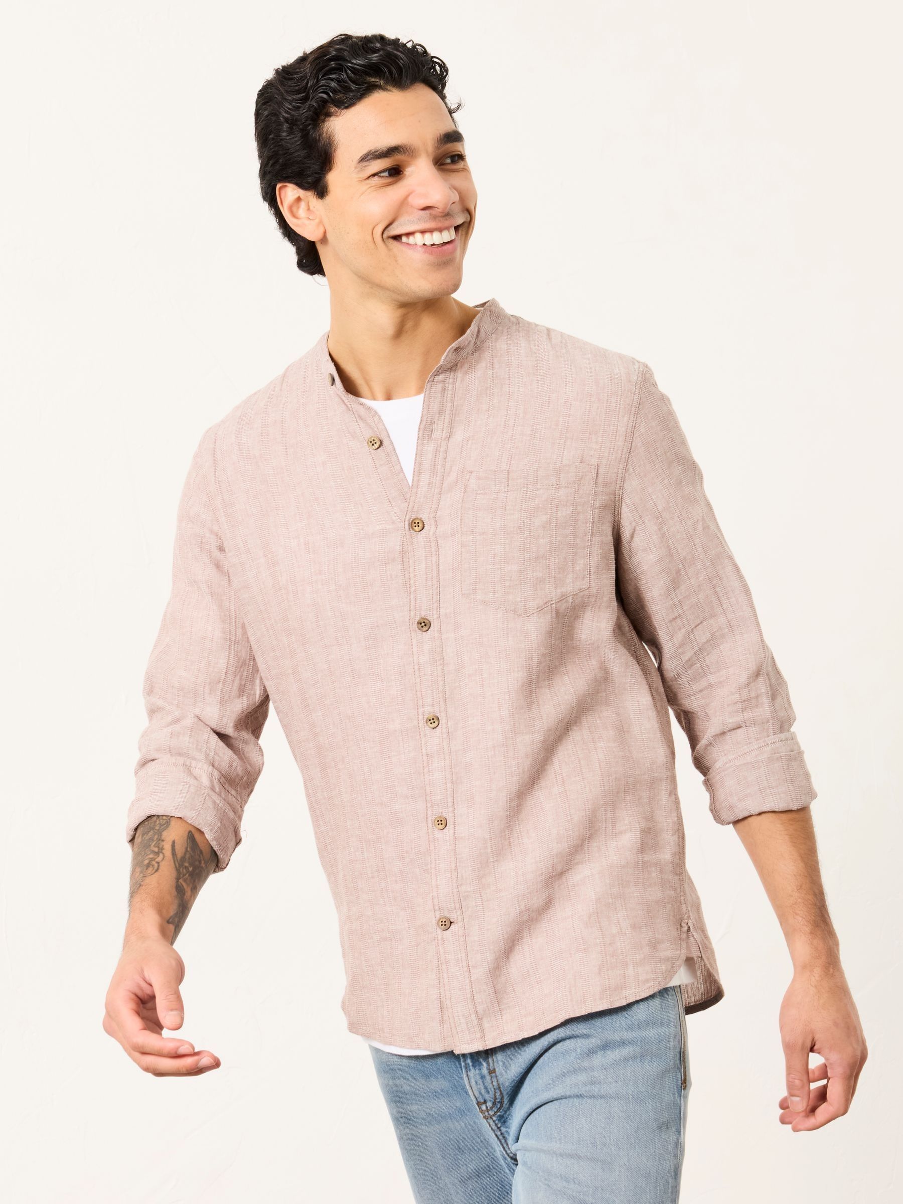 Bugle Dark Natural Bold Stripe Long Sleeve Grandad Linen Cotton Shirt - Image 1 of 8