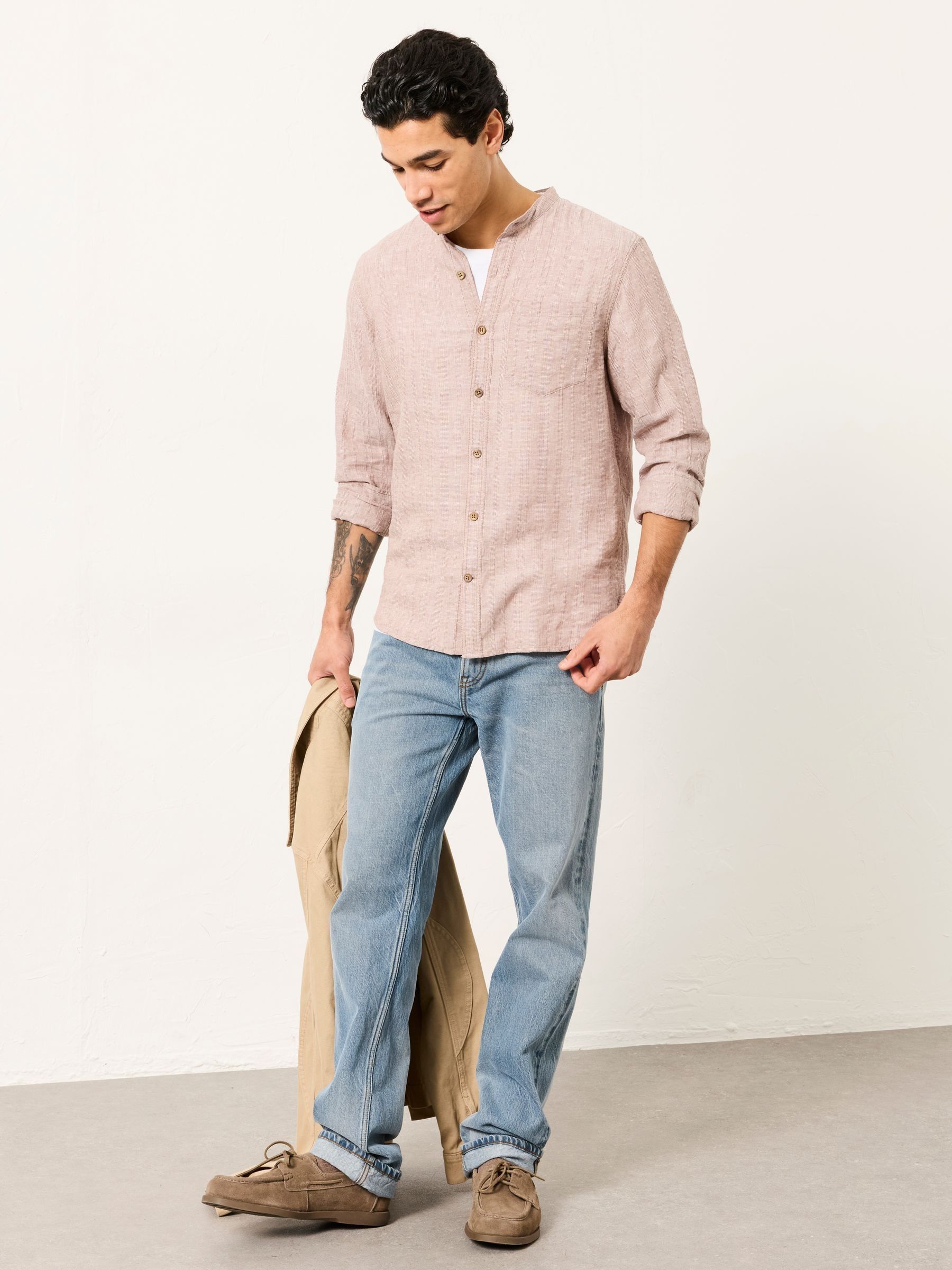 Bugle Dark Natural Bold Stripe Long Sleeve Grandad Linen Cotton Shirt - Image 3 of 8