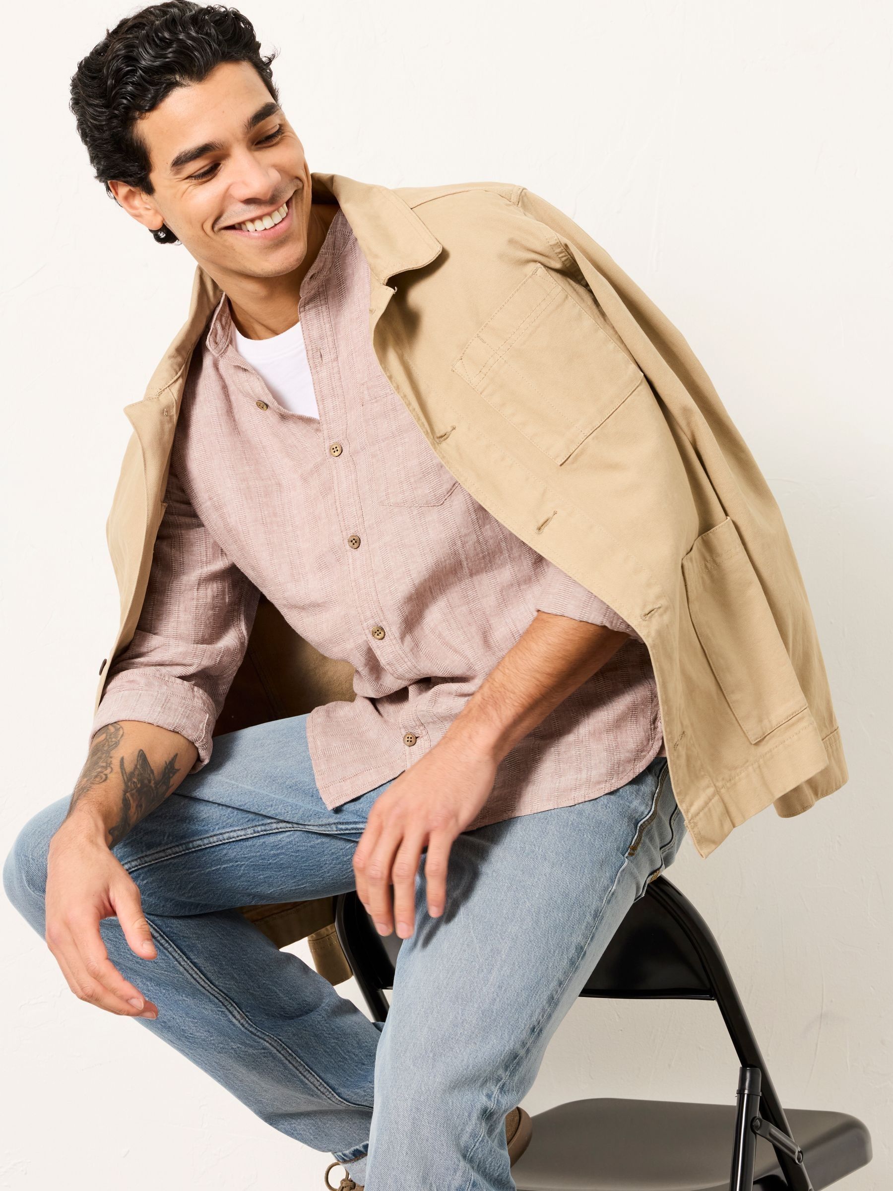 Bugle Dark Natural Bold Stripe Long Sleeve Grandad Linen Cotton Shirt - Image 5 of 8