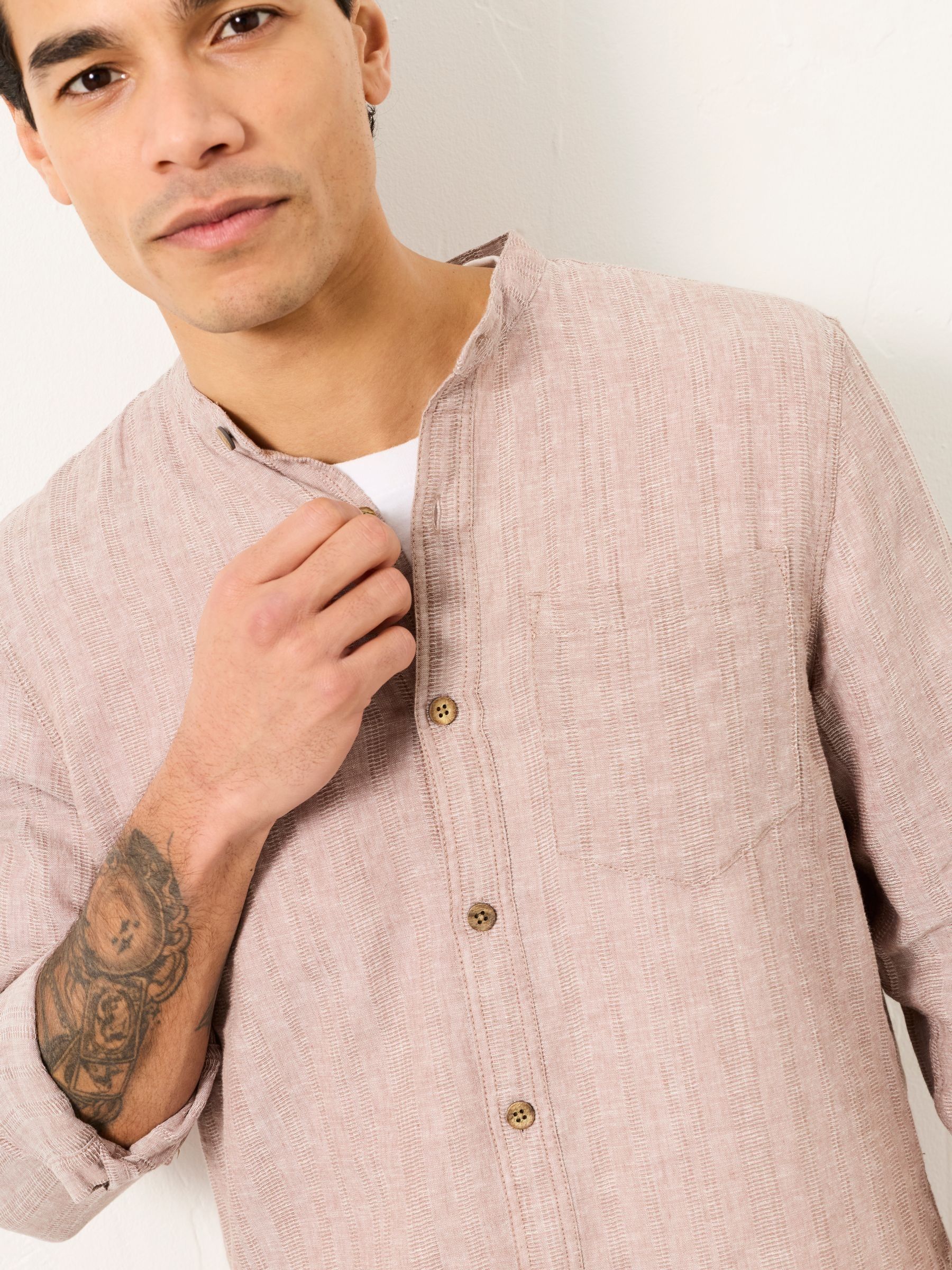 Bugle Dark Natural Bold Stripe Long Sleeve Grandad Linen Cotton Shirt - Image 6 of 8