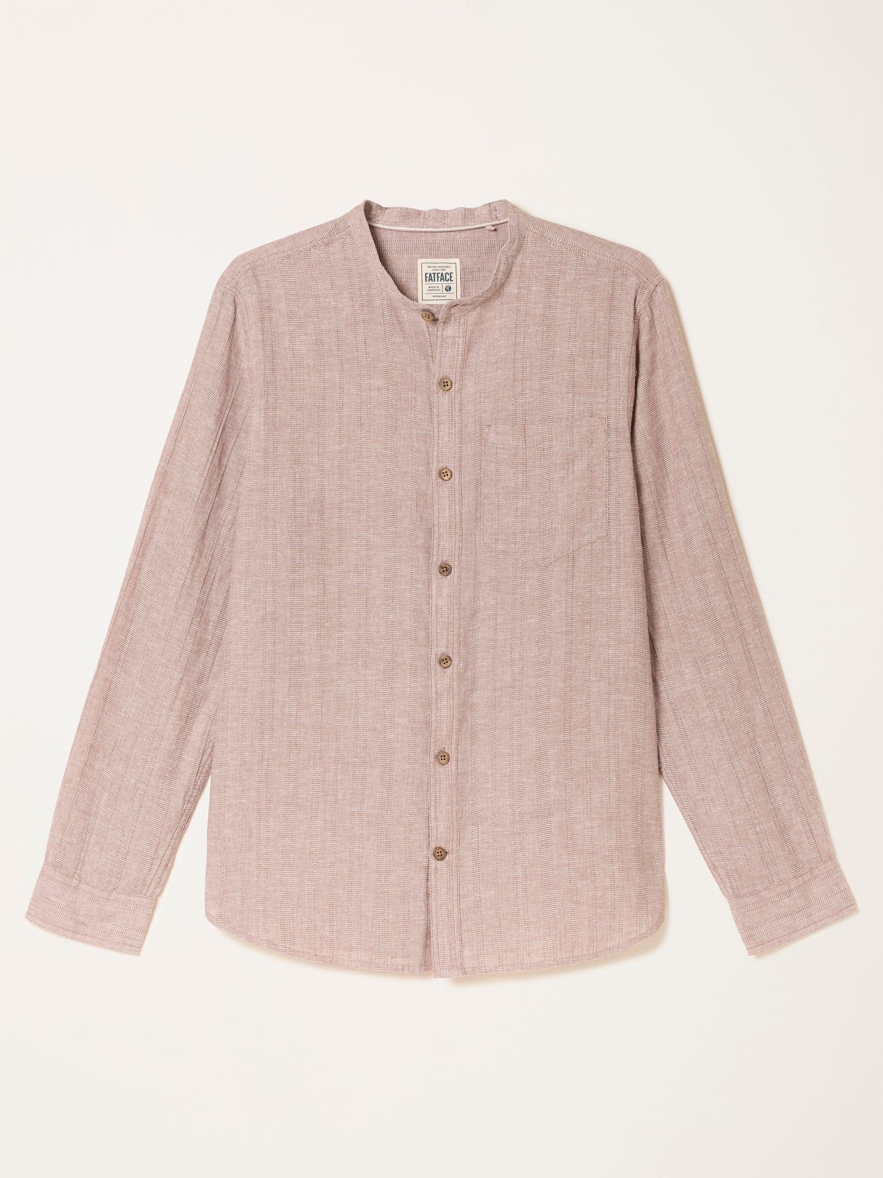 Bugle Dark Natural Bold Stripe Long Sleeve Grandad Linen Cotton Shirt - Image 7 of 8