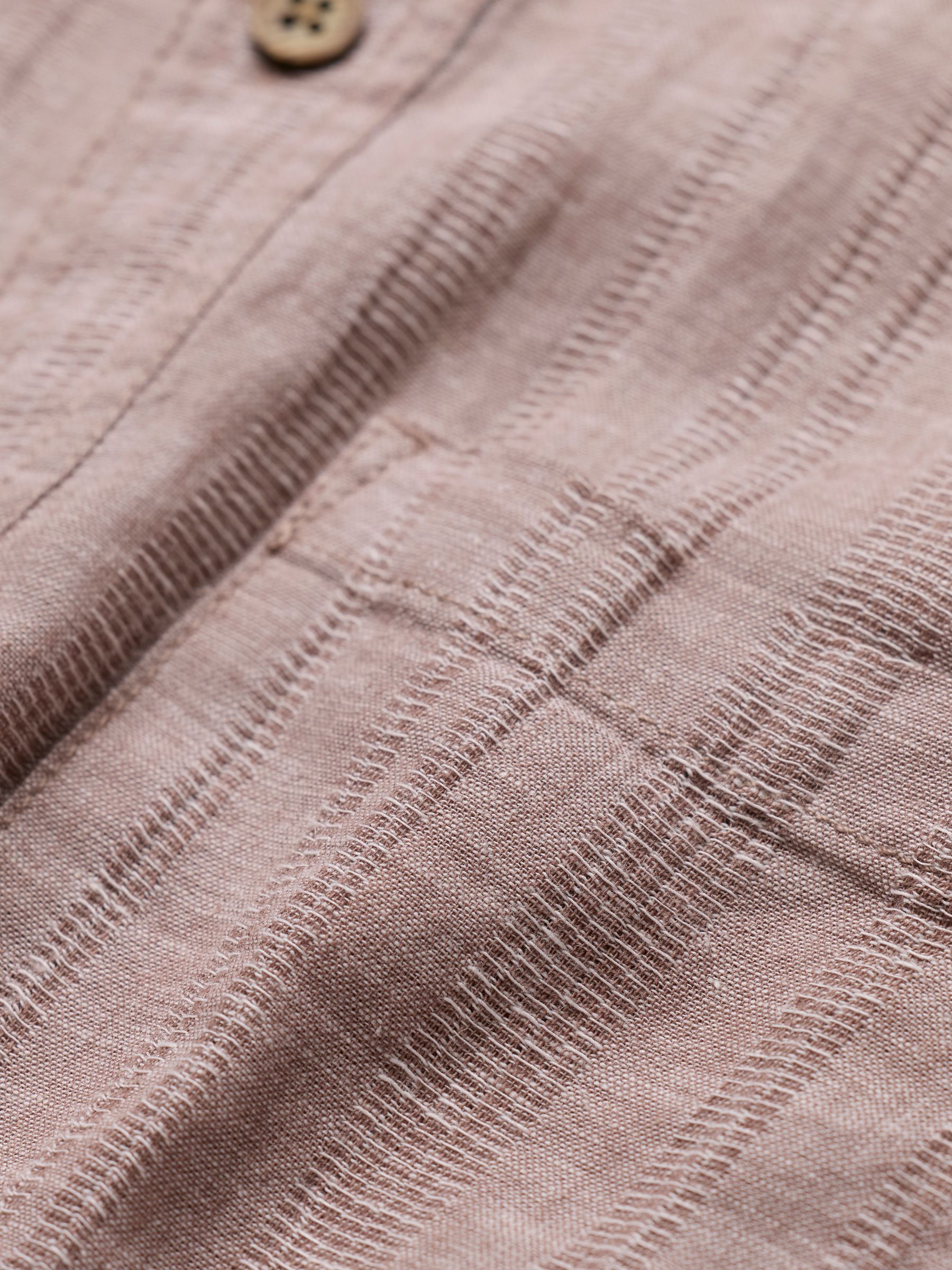 Bugle Dark Natural Bold Stripe Long Sleeve Grandad Linen Cotton Shirt - Image 8 of 8