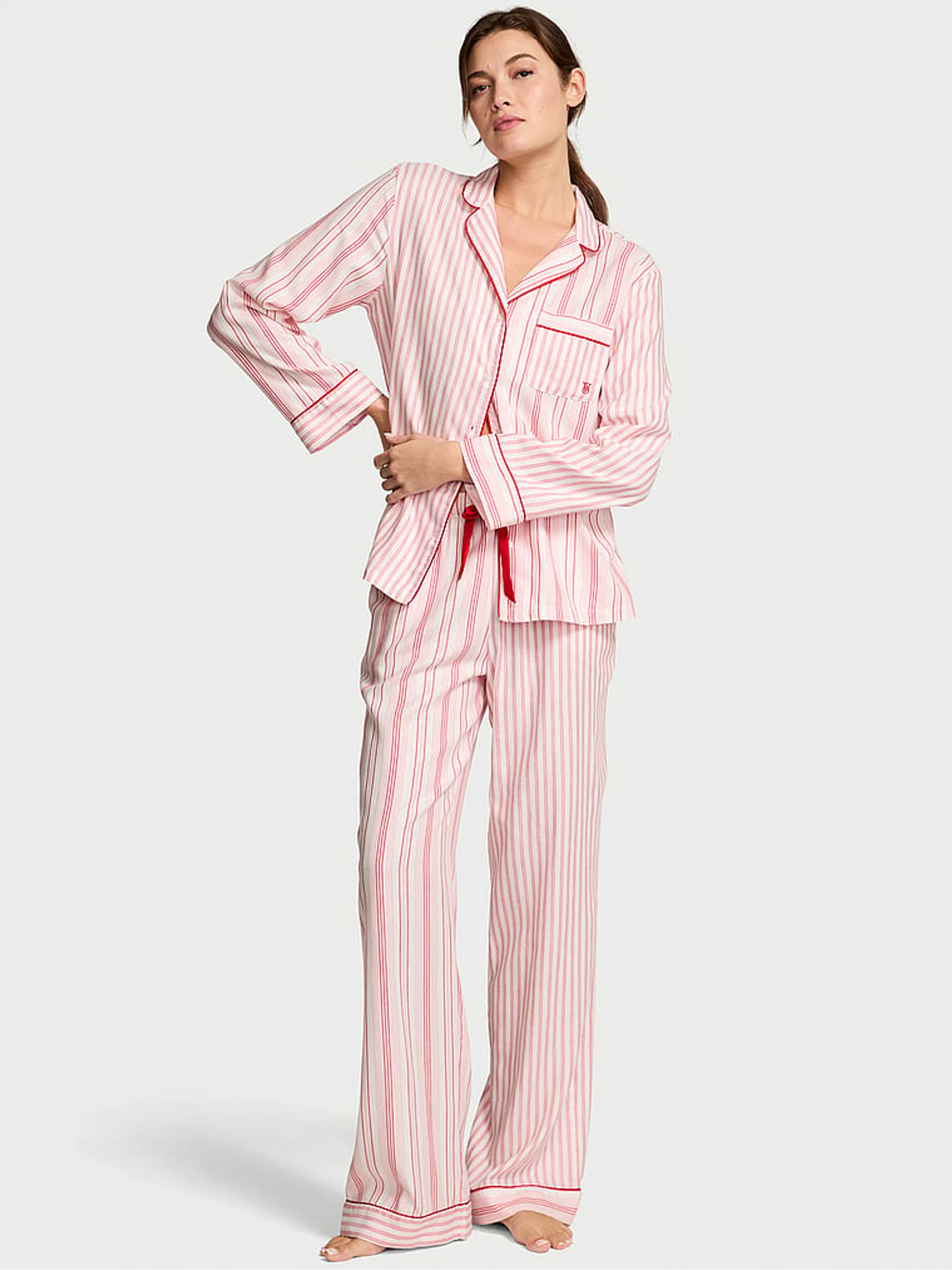 White & Lipstick Red Stripe Flannel Long Pyjamas Set - Image 1 of 3