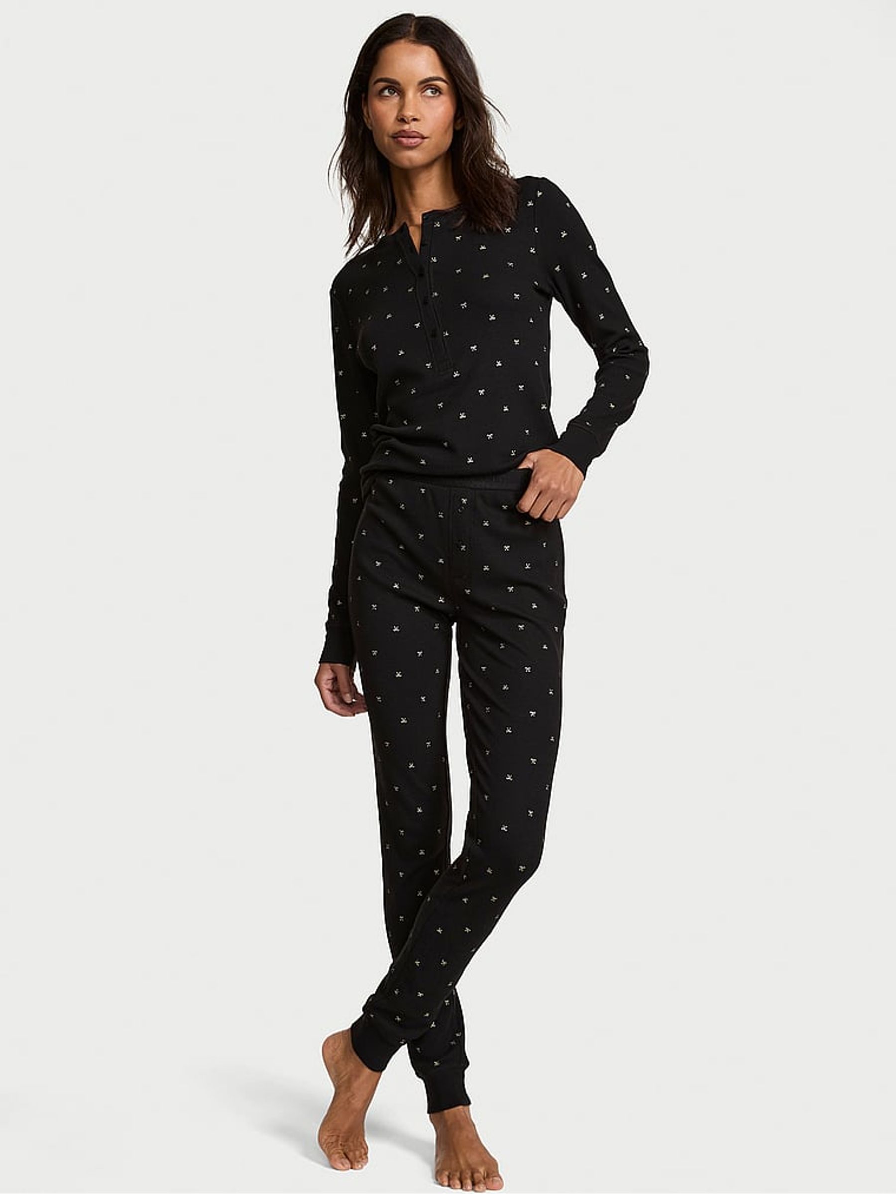 Black with Foil Christmas Bows Thermal Long Pyjamas Set - Image 1 of 3 Black with Foil Christmas Bows Thermal Long Pyjamas Set - Image 1 of 3