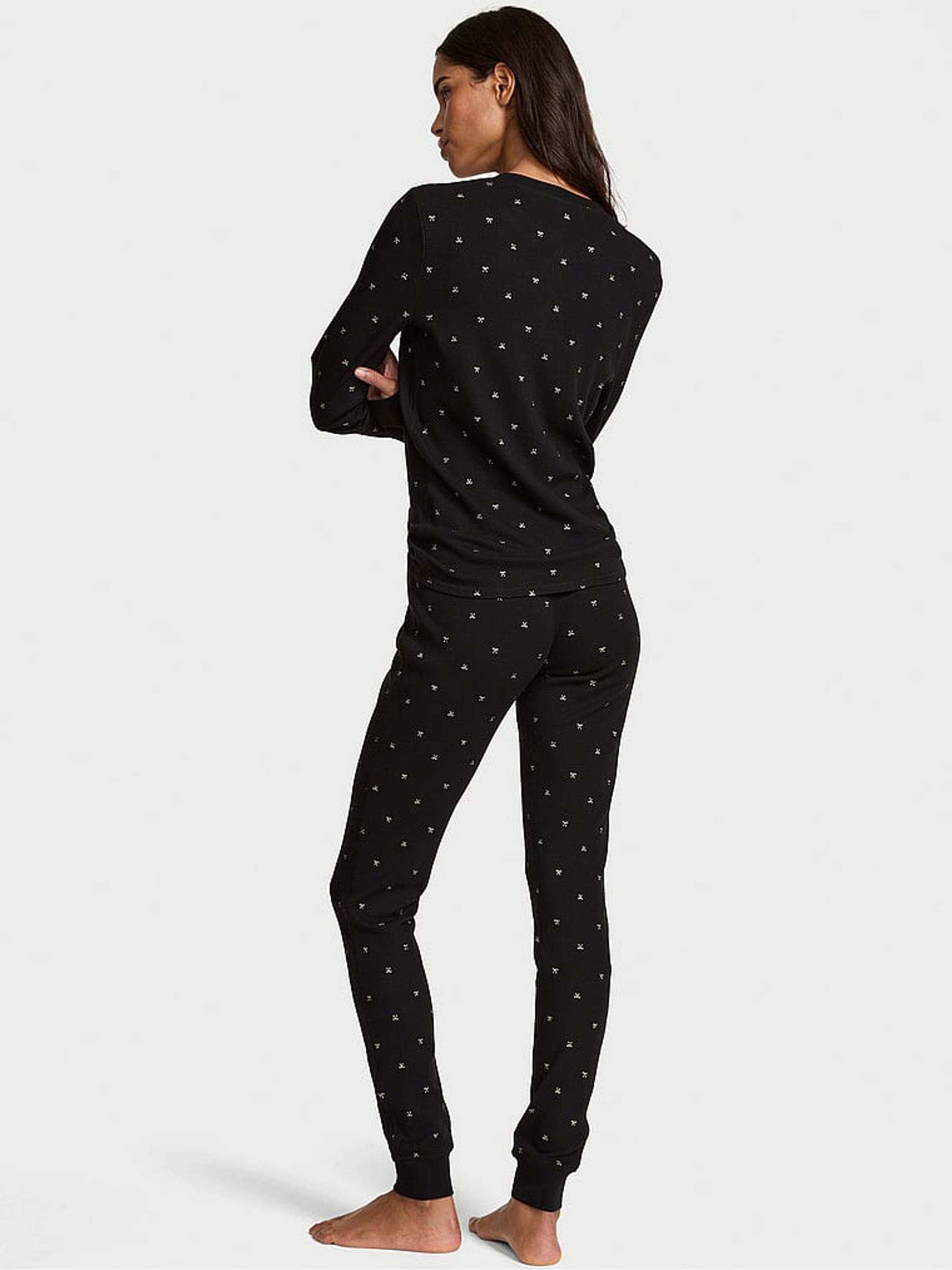 Black with Foil Christmas Bows Thermal Long Pyjamas Set - Image 2 of 3