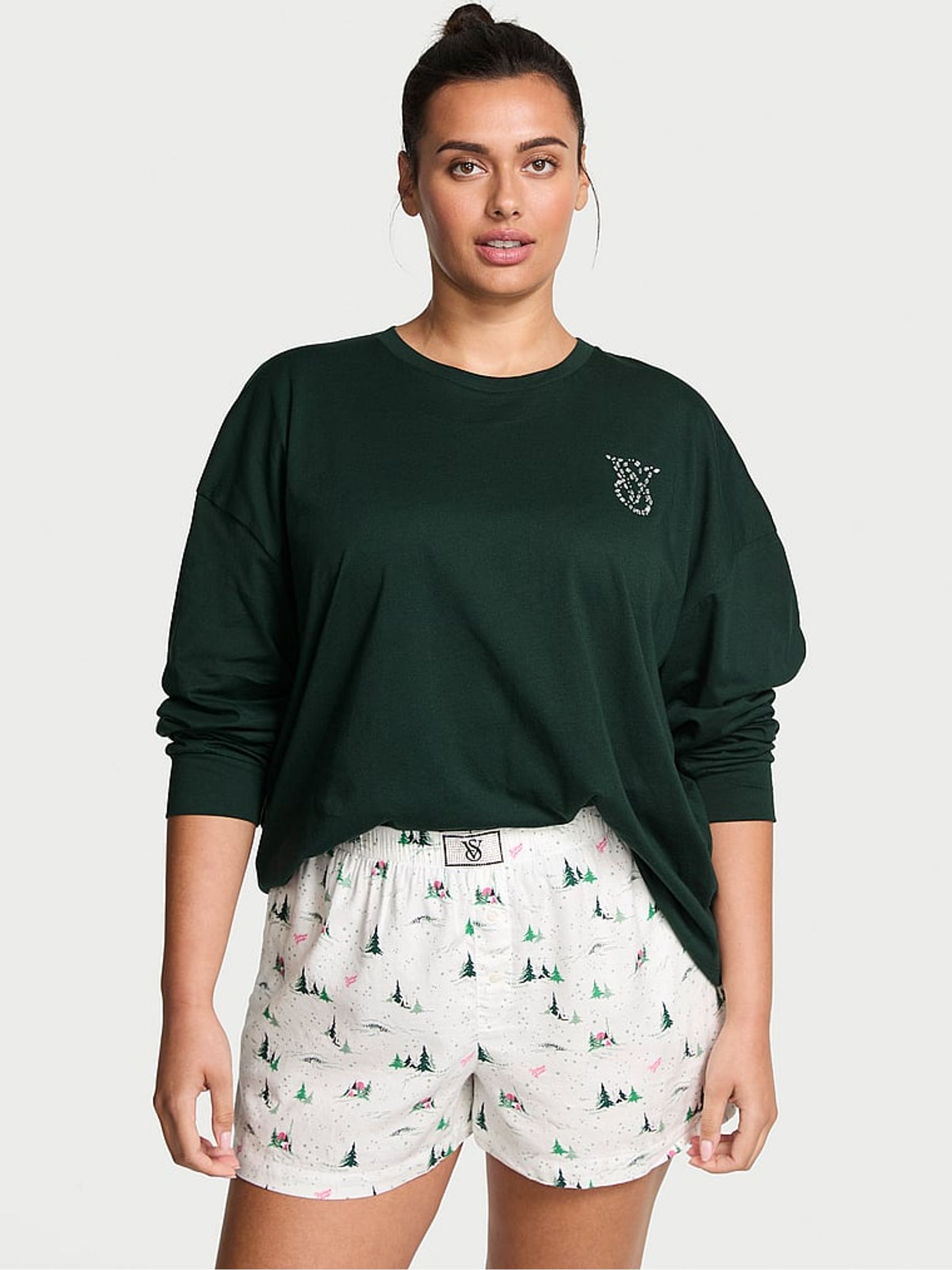 White & Whimsy Forest Green Flannel Long Sleeve Short Pyjamas Set - Image 1 of 2