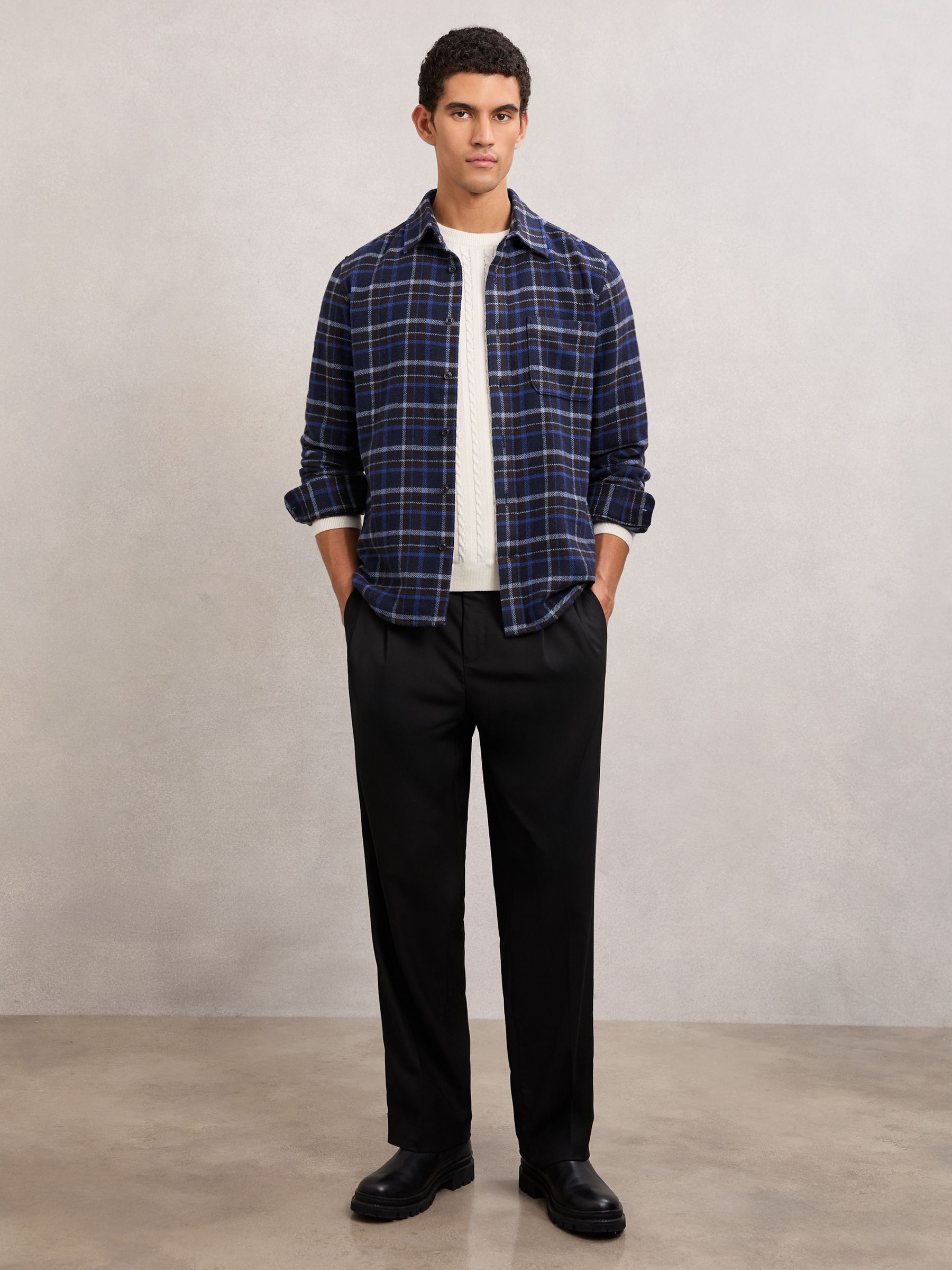 Check Button-Through Overshirt with Wool in Navy - image 4