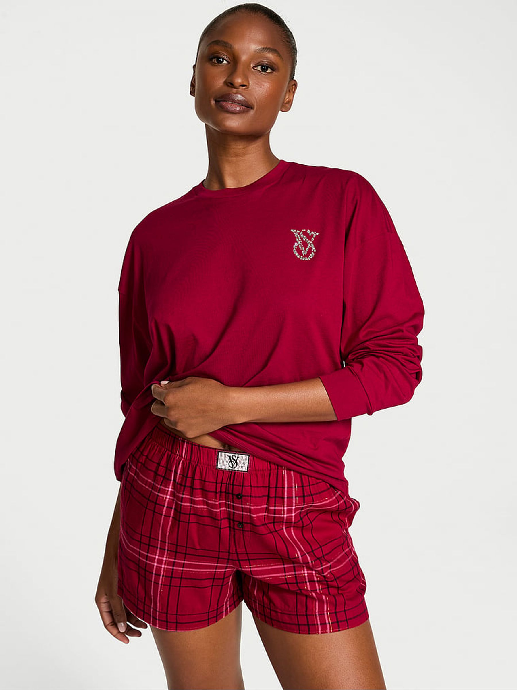 Red Lacquer Christmas Tartan Flannel Long Sleeve Short Pyjamas Set - Image 1 of 2