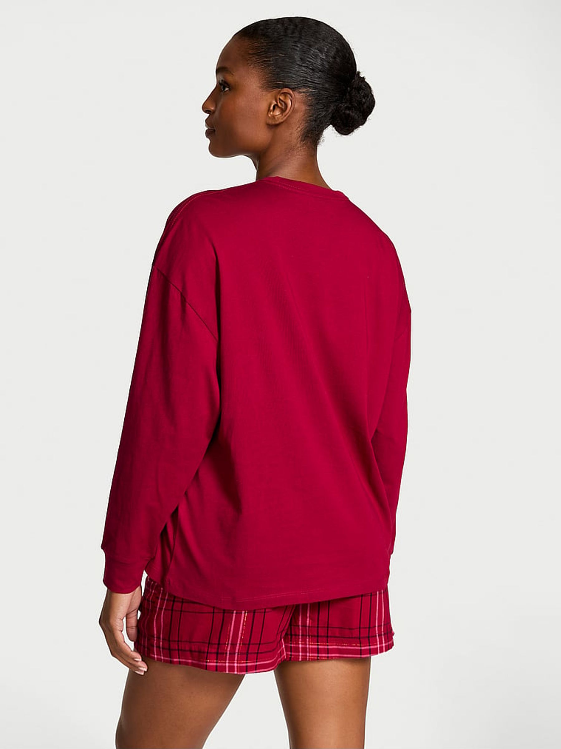 Red Lacquer Tartan Flannel Long Sleeve Short Pyjamas Set