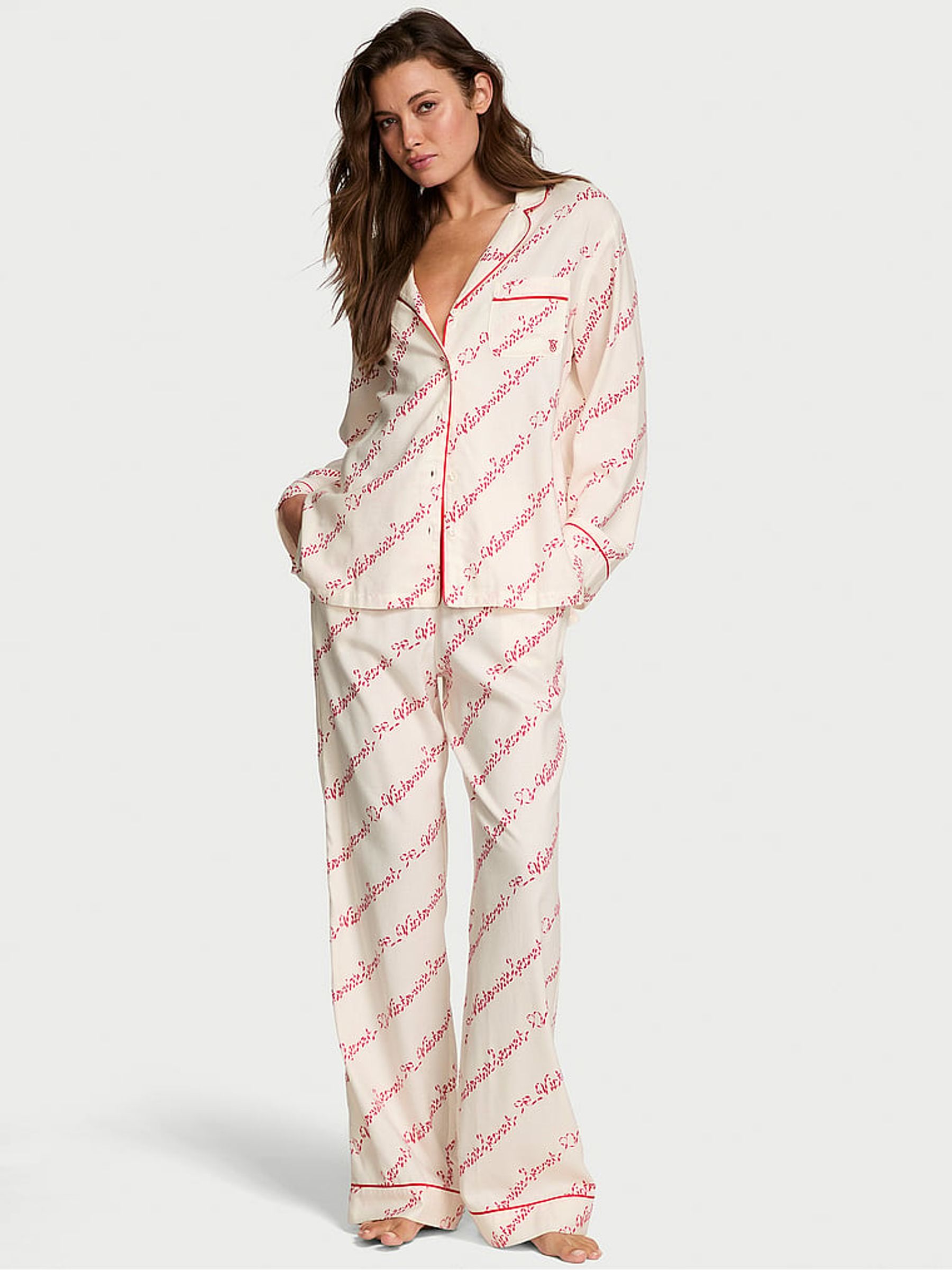 White & Red Christmas Candy Cane VS Script Long Pyjamas Set - Image 1 of 2