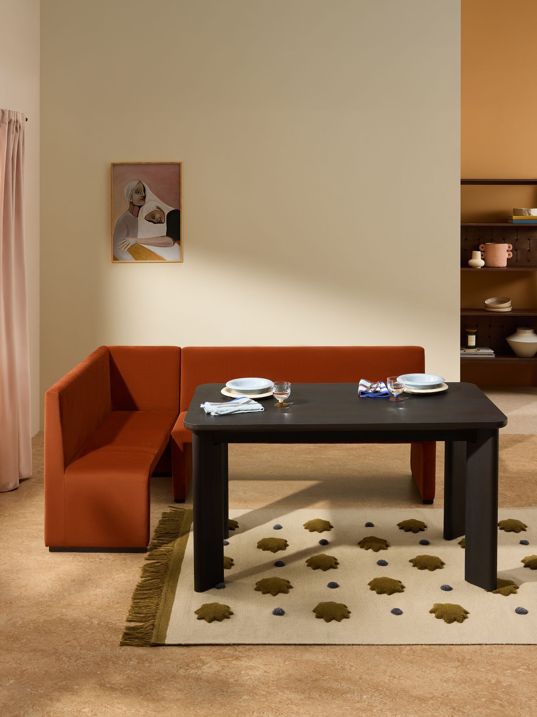 Tova Left Hand Corner Dining Table and Bench Set in Rust Red Velvet - Image 1 of 7