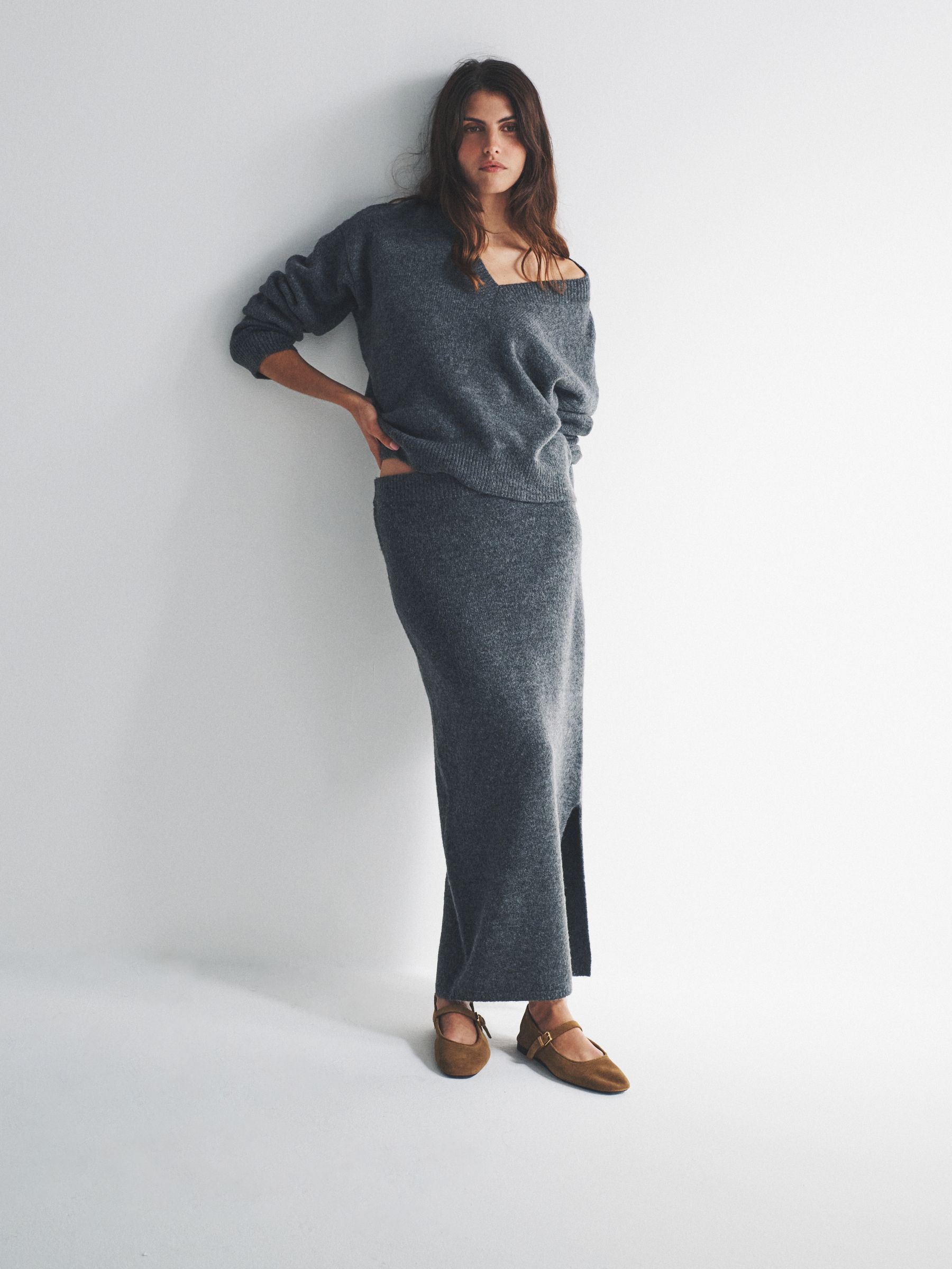 Charcoal Grey Knitted Crew Neck Jumper and Skirt Co-Ord - Image 1 of 6