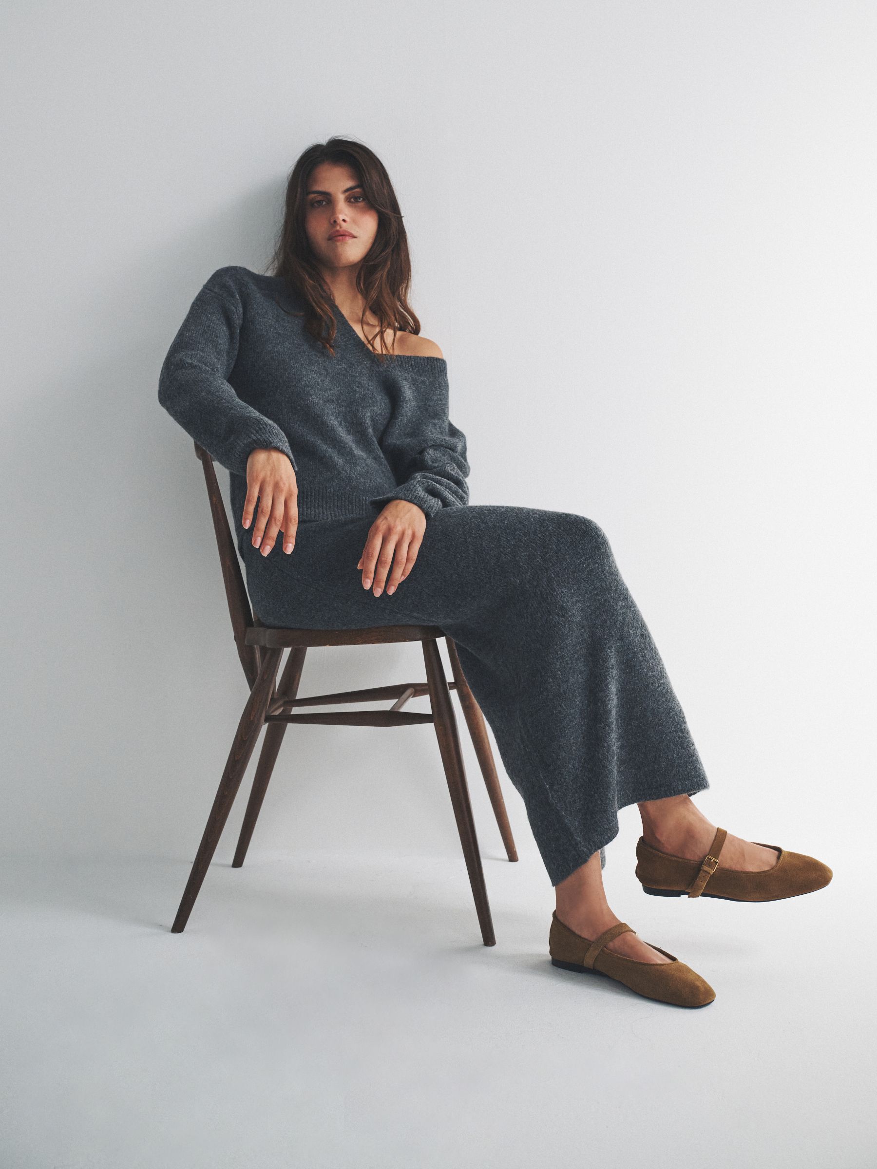 Charcoal Grey Knitted Crew Neck Jumper and Skirt Co-Ord - Image 3 of 6