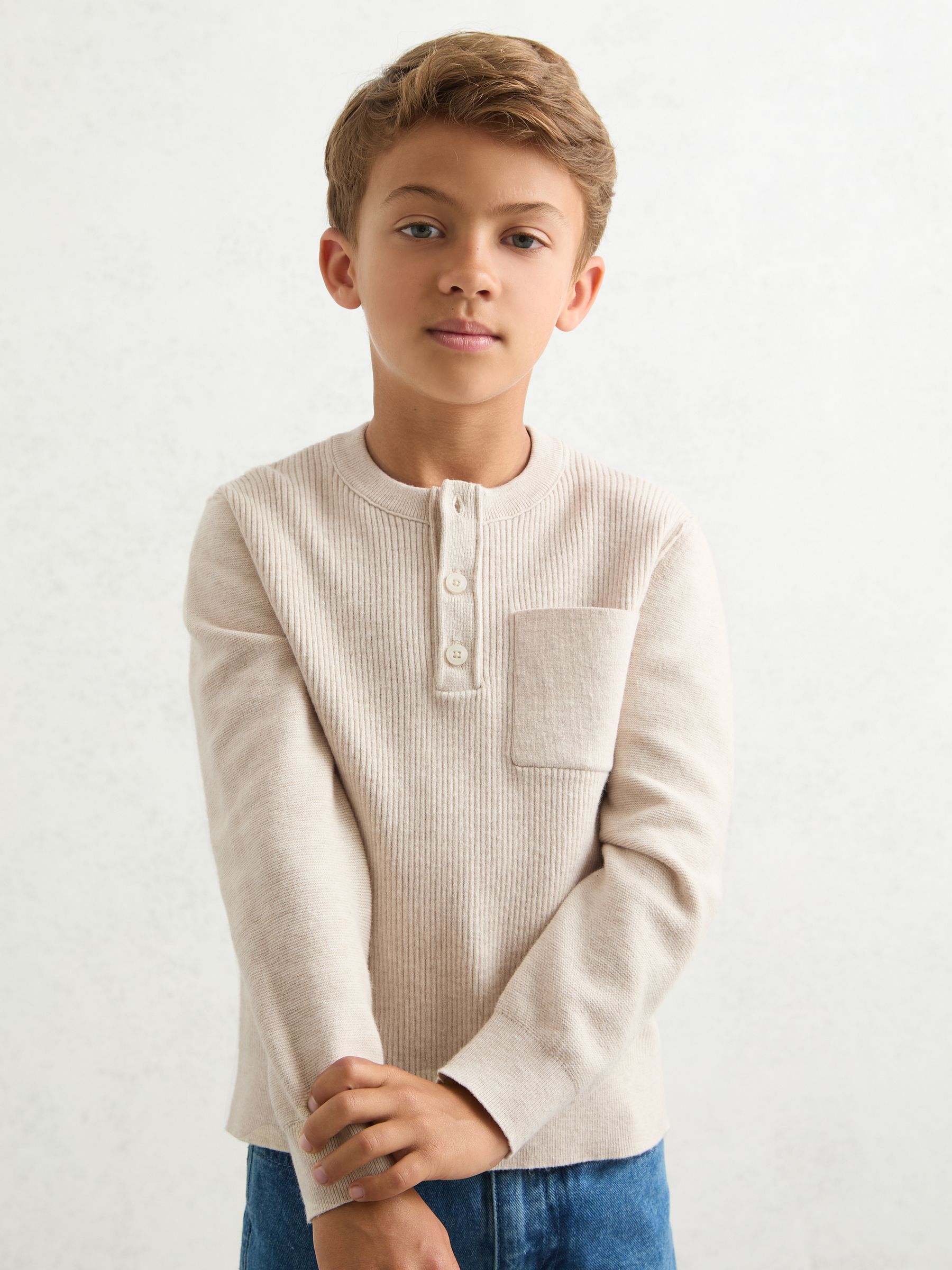 13-14 yrs Cotton-Blend Rib-Knit Henley Top in Oatmeal Melange - Image 2 of 4