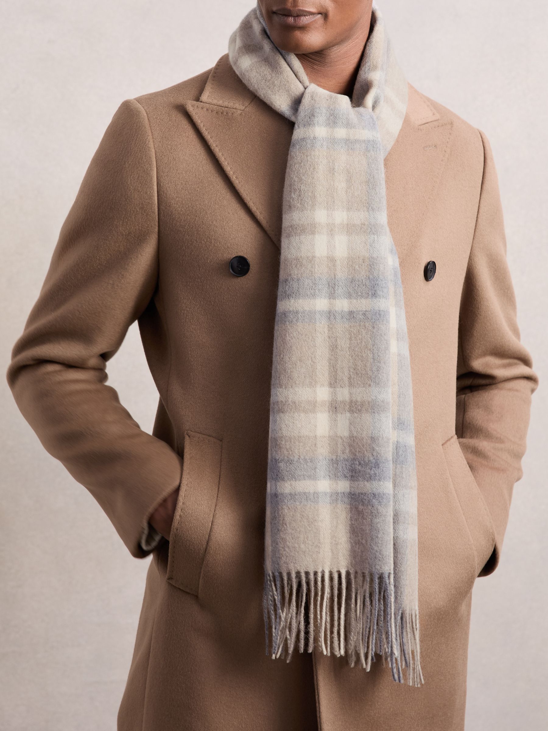 Wool-Cashmere Check Scarf in Oatmeal Multi - Image 2 of 5