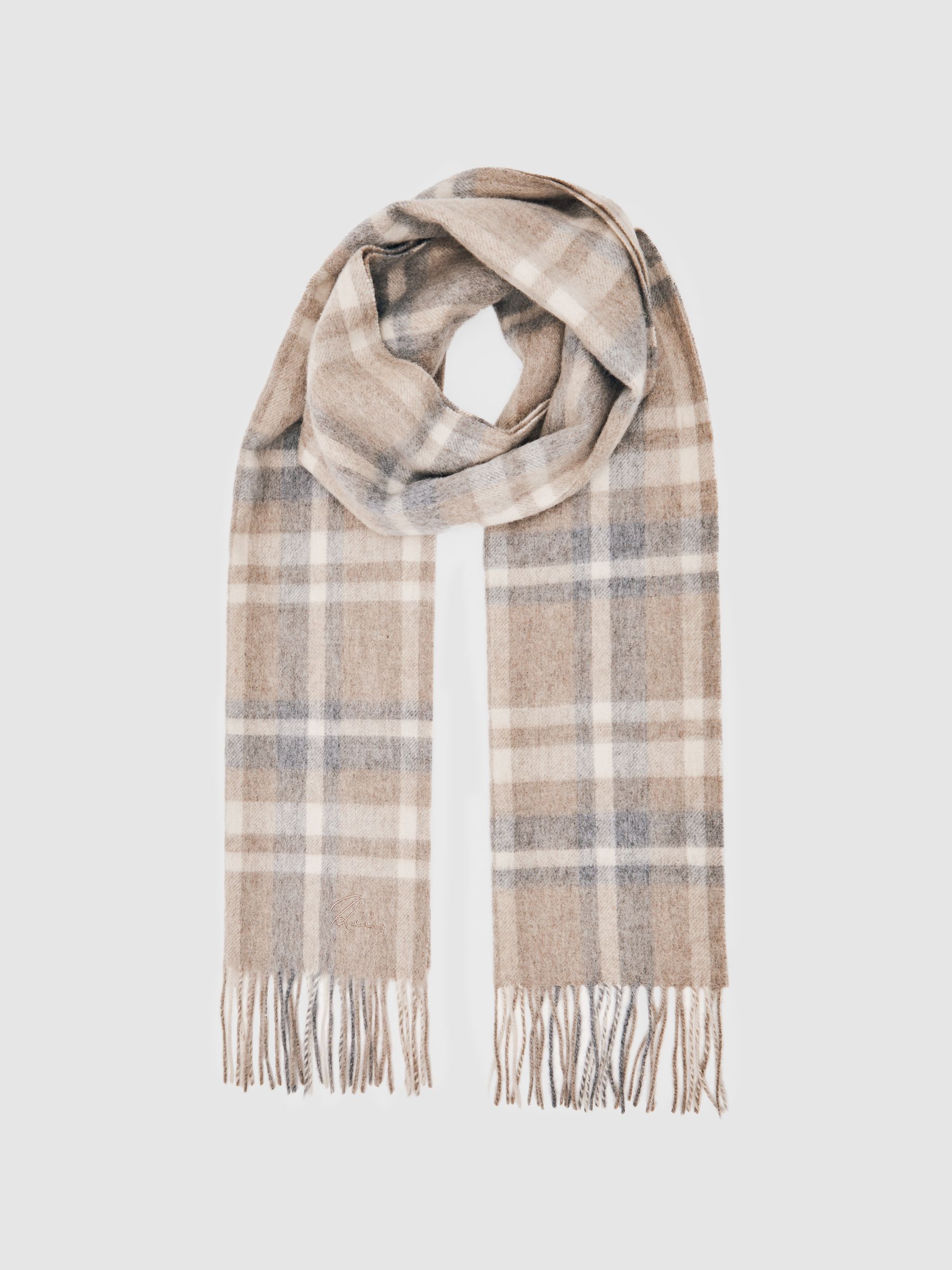 Wool-Cashmere Check Scarf in Oatmeal Multi - Image 3 of 5