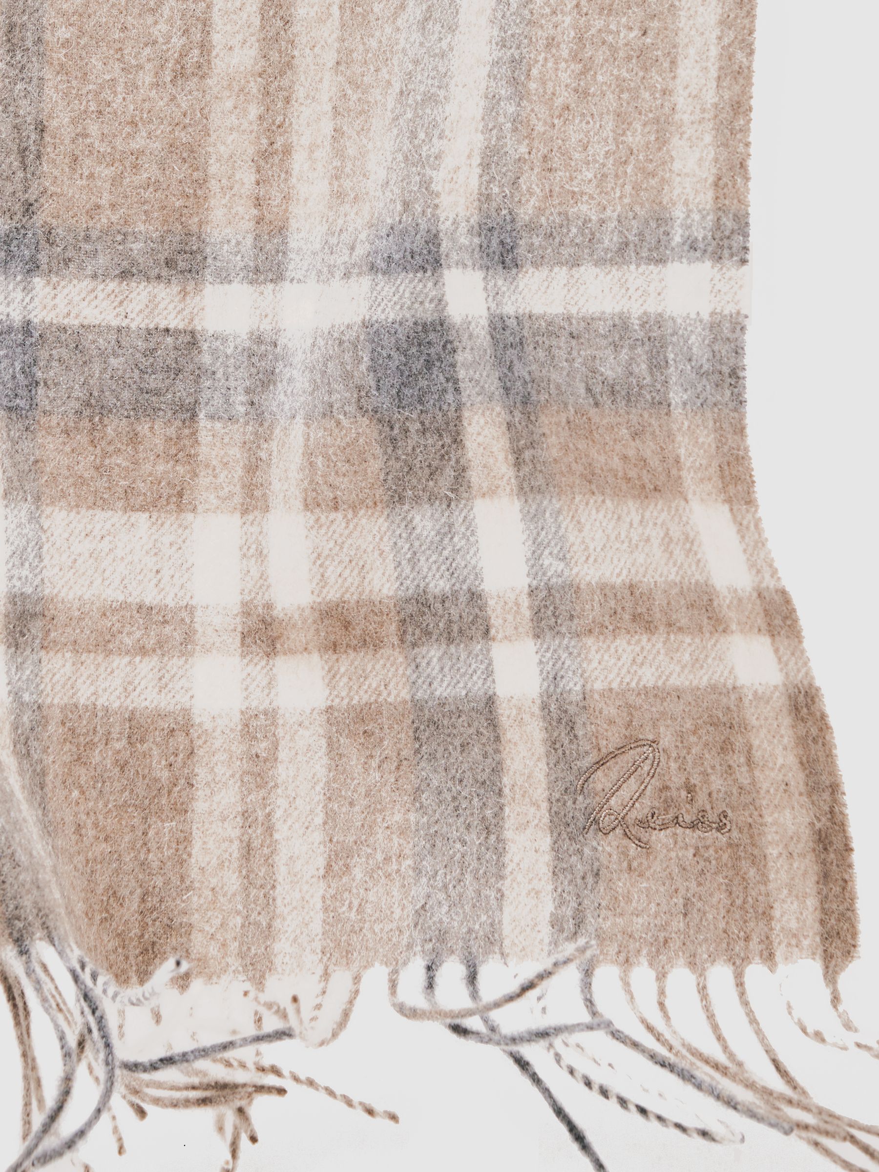 Wool-Cashmere Check Scarf in Oatmeal Multi - Image 5 of 5