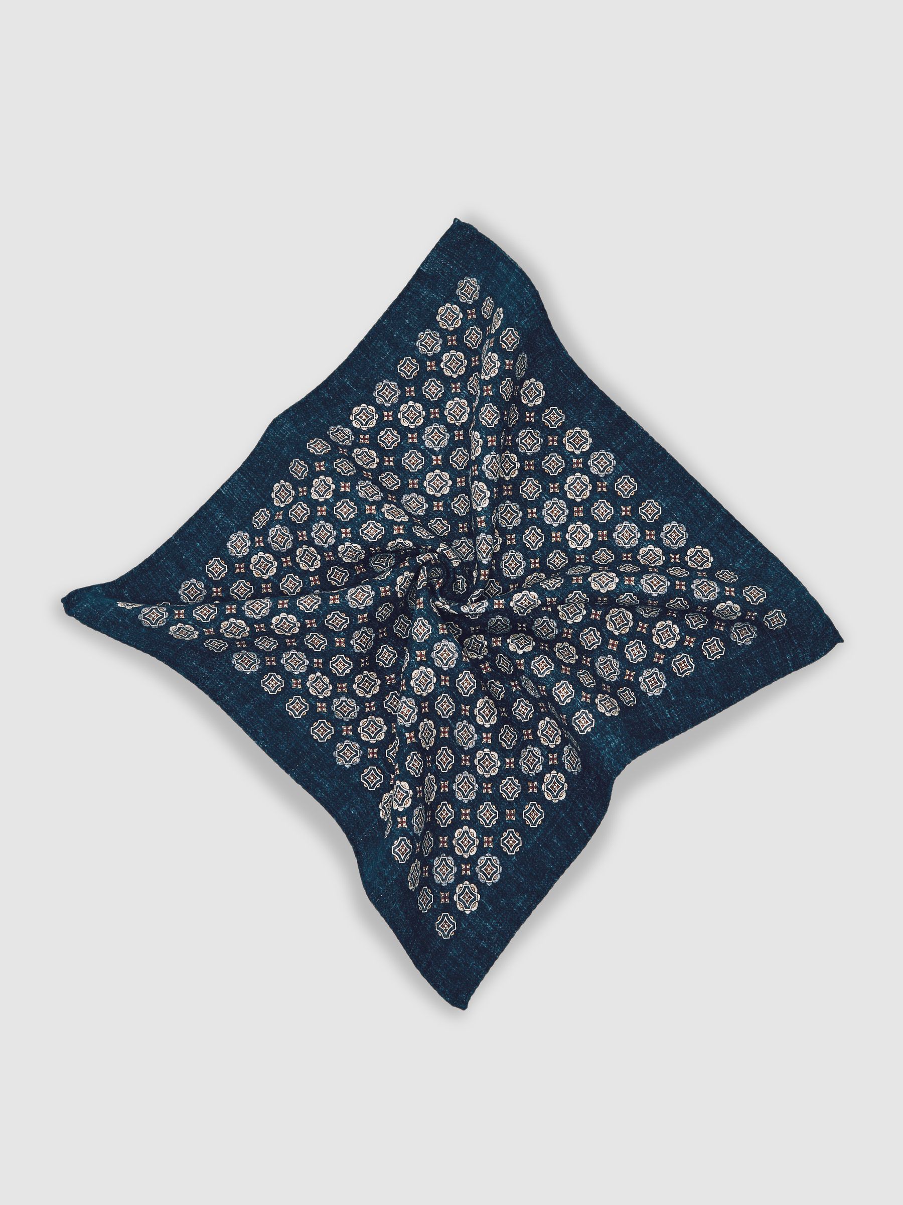 Silk Medallion Print Pocket Square in Indigo Melange - Image 3 of 4