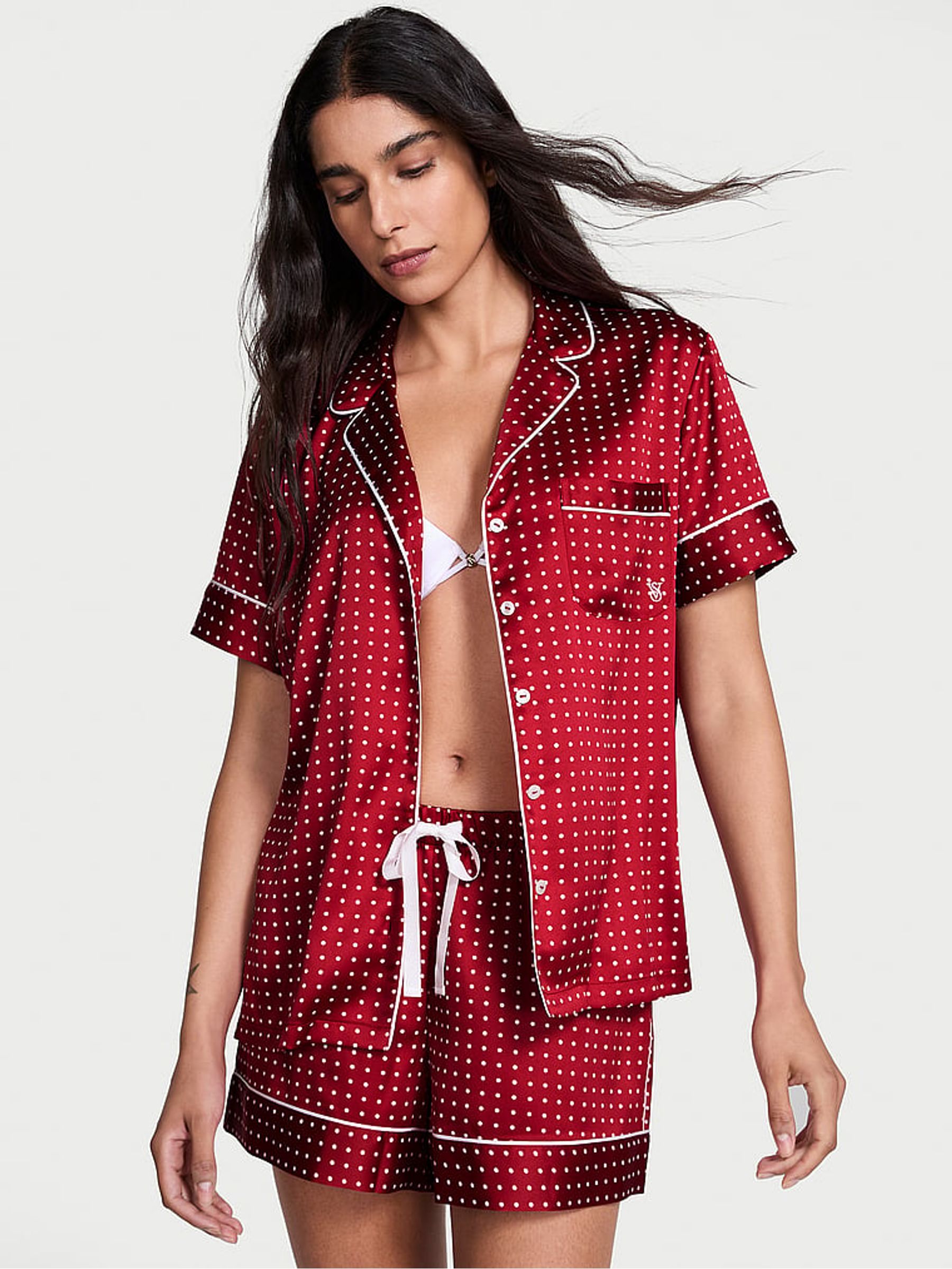 【新品】Victoria's Secret 赤ドット柄ルームウェア S Red Lacquer White Polka Dot Satin Short Pyjamas Set | Victoria's