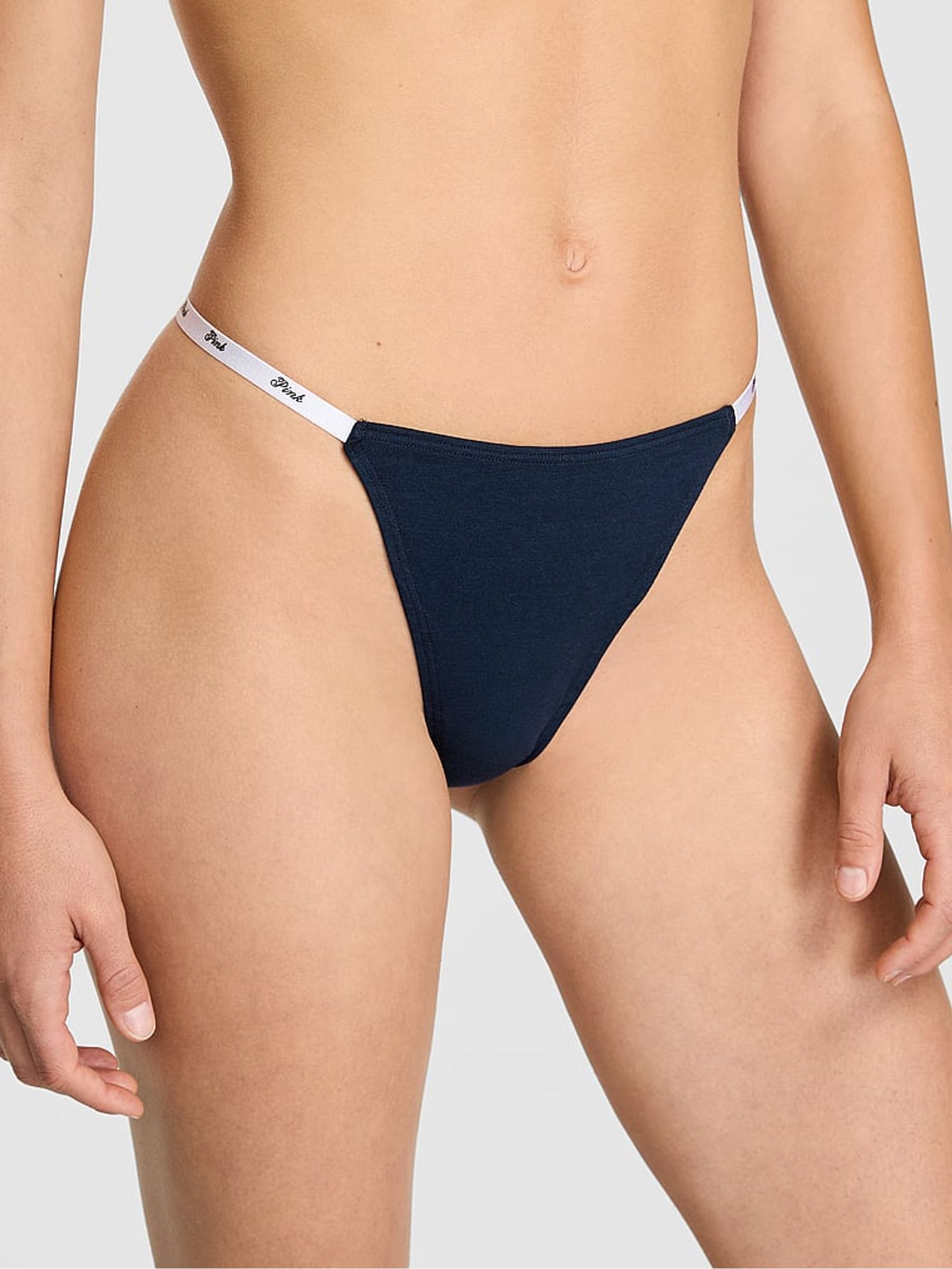 Noir Navy Blue Thong Cotton Mini Logo Knickers - Image 1 of 2