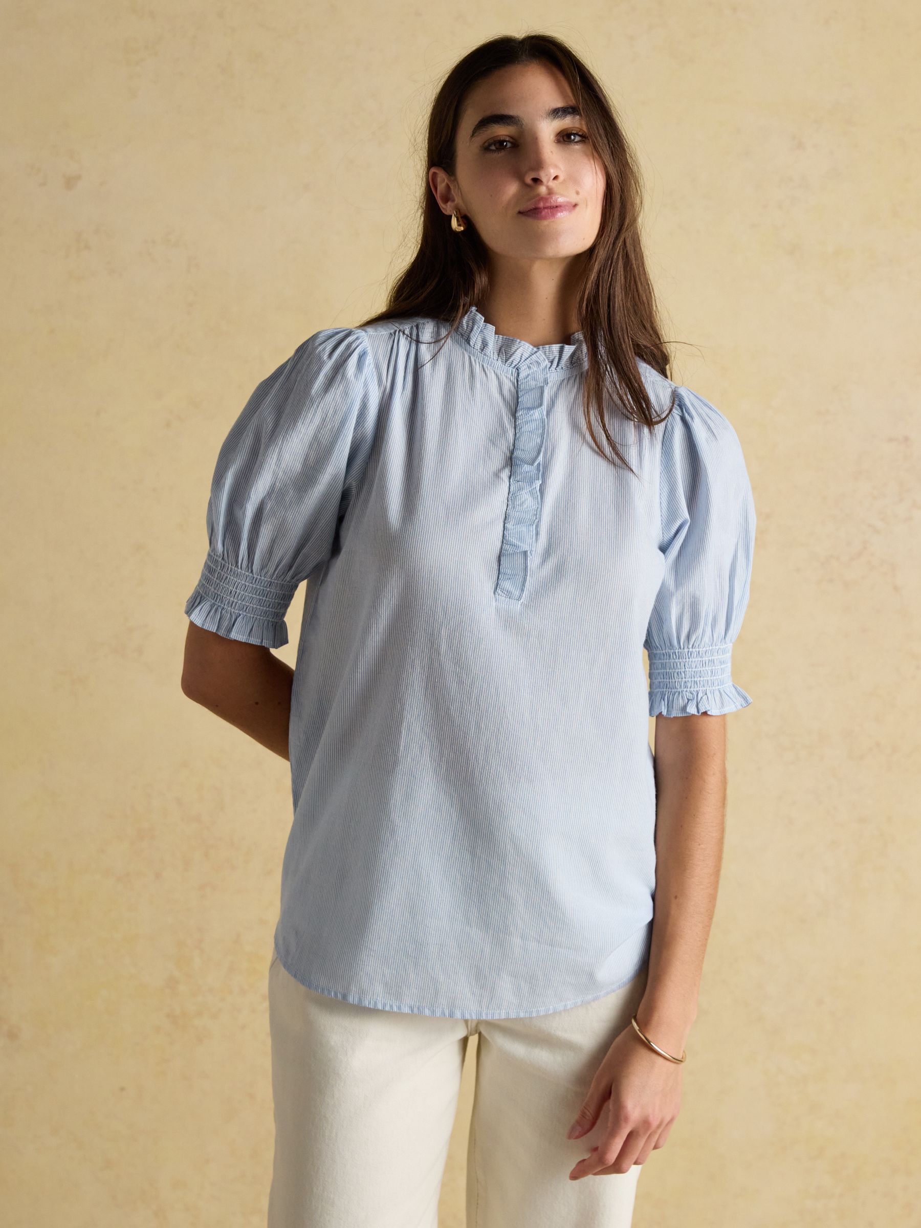 Melanie Blue Short Sleeved Blouse with Frill Button Fastening - Image 1 of 5