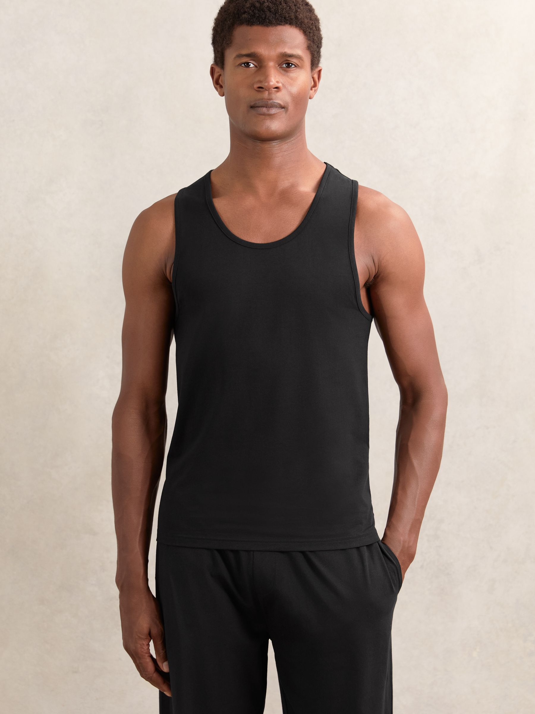 2 Pack Stretch-Cotton Loungewear Vests in White/Black - Image 3 of 7