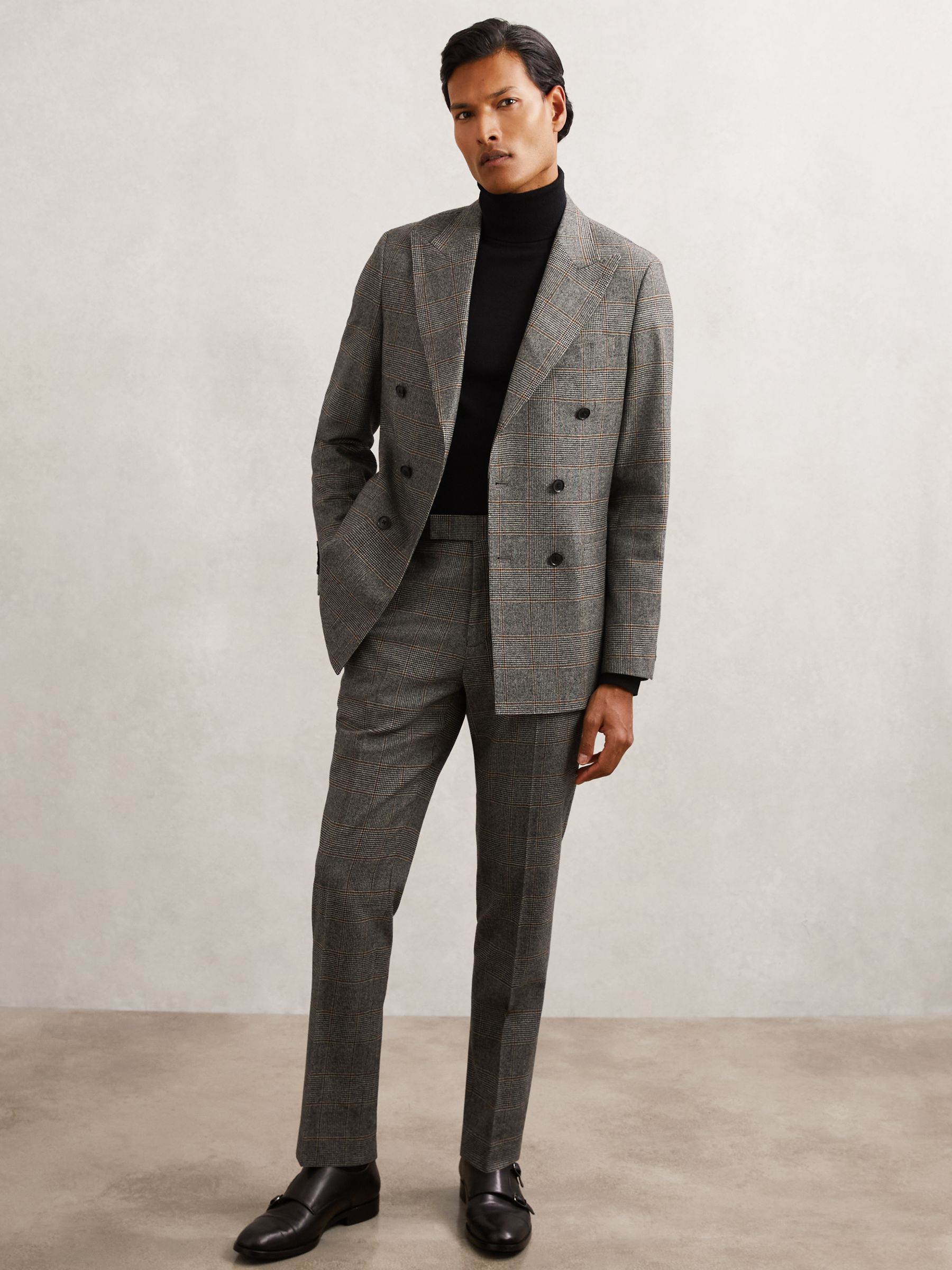 Wool Double-Breasted Check Tailored-Fit Suit Blazer in Charcoal Grey - image 5