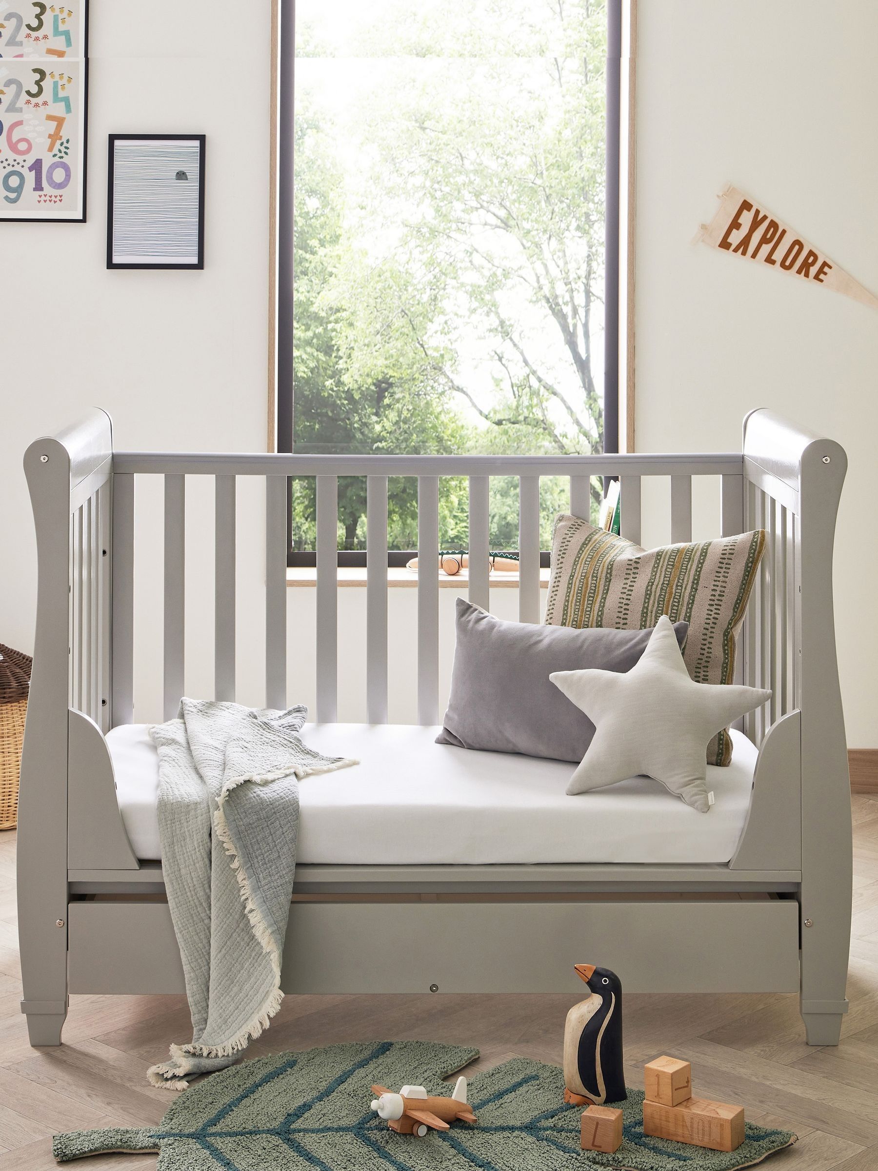 Babymore Grey Eva Sleigh Cot Bed Dropside with Drawer - Image 3 of 5
