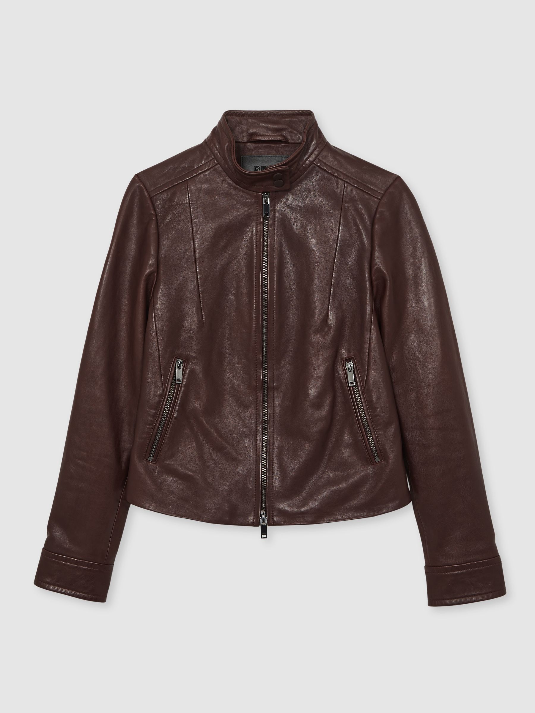 Fitted Leather Biker Jacket in Burgundy - Image 2 of 7