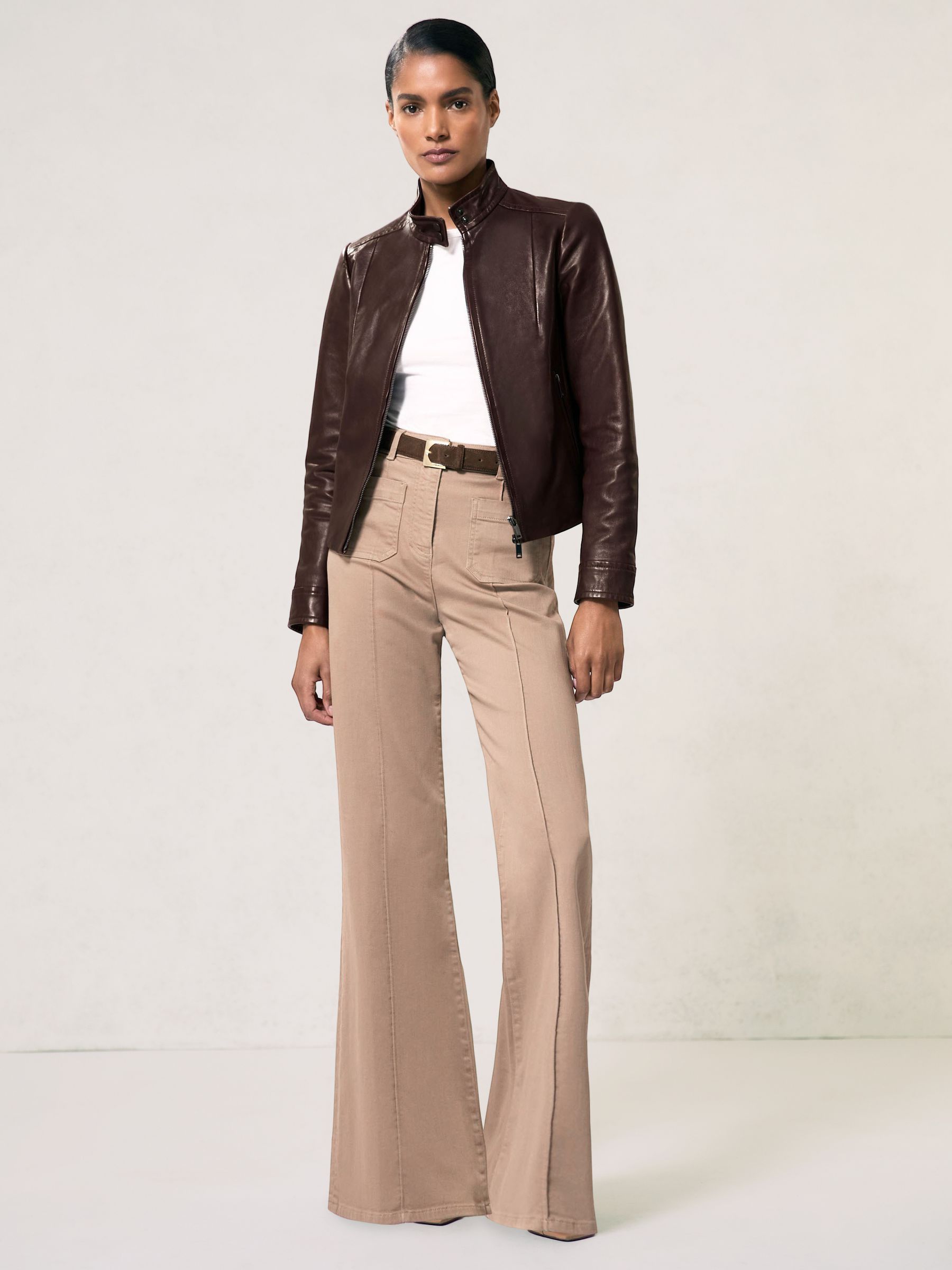 Fitted Leather Biker Jacket in Burgundy - Image 4 of 7