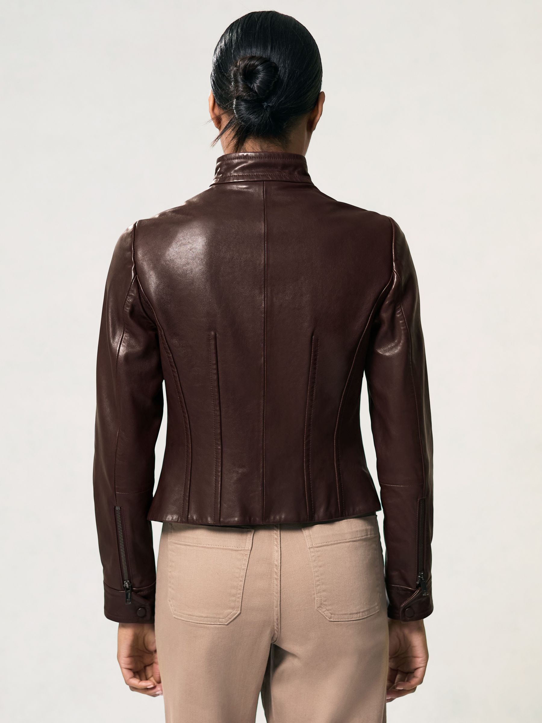 Fitted Leather Biker Jacket in Burgundy - Image 5 of 7