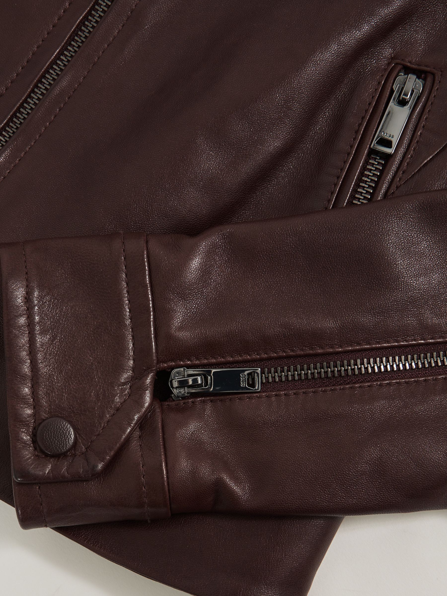 Fitted Leather Biker Jacket in Burgundy - Image 7 of 7