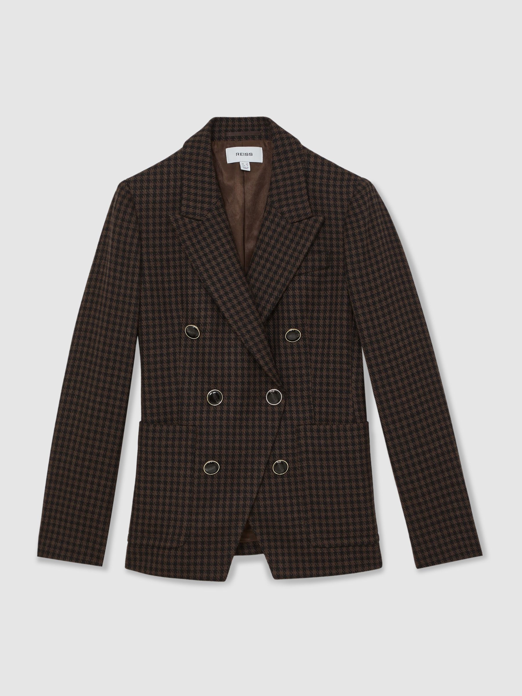 Wool-Blend Double-Breasted Check Blazer in Brown Check - image 1