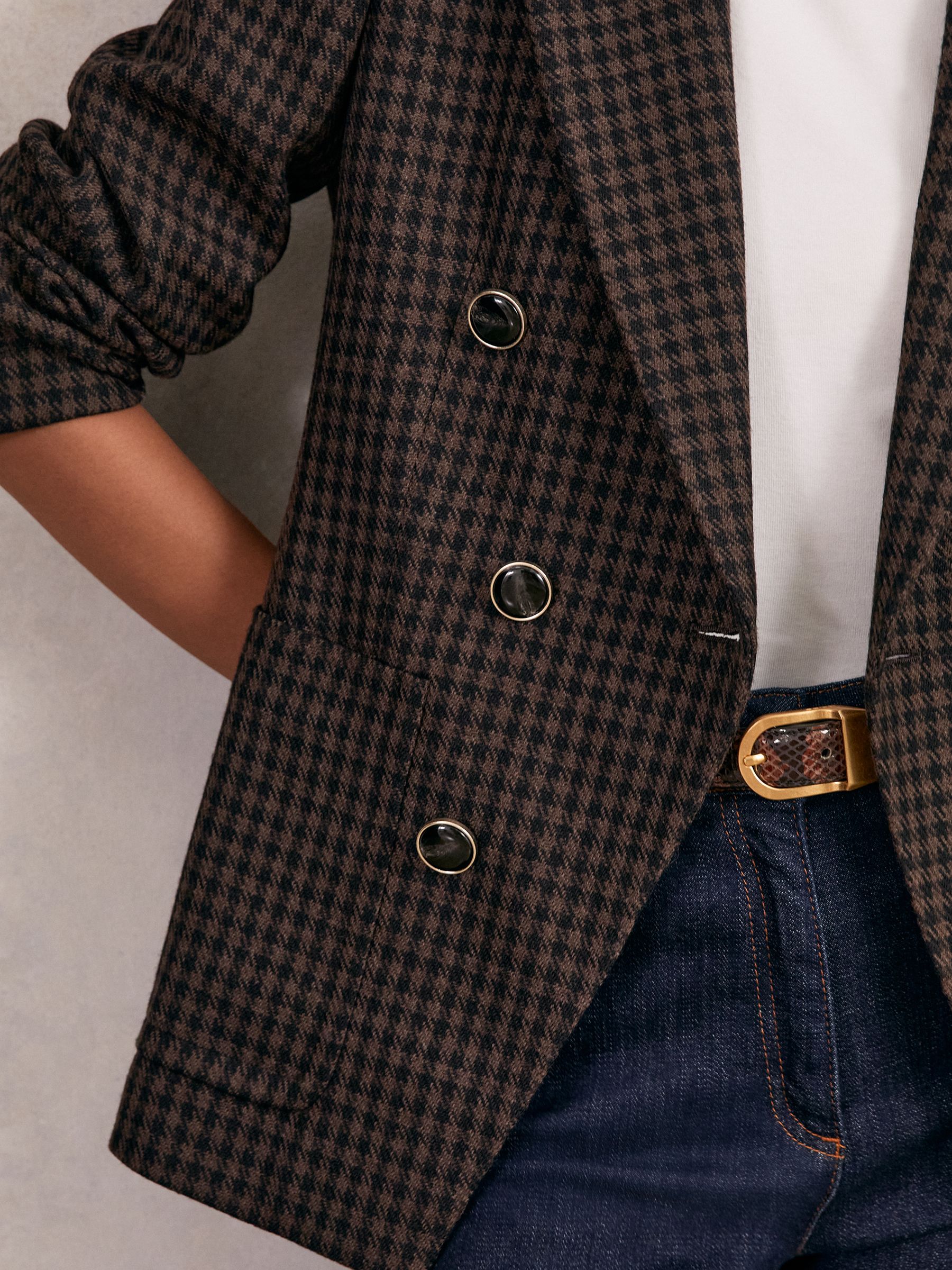 Wool-Blend Double-Breasted Check Blazer in Brown Check - Image 4 of 7
