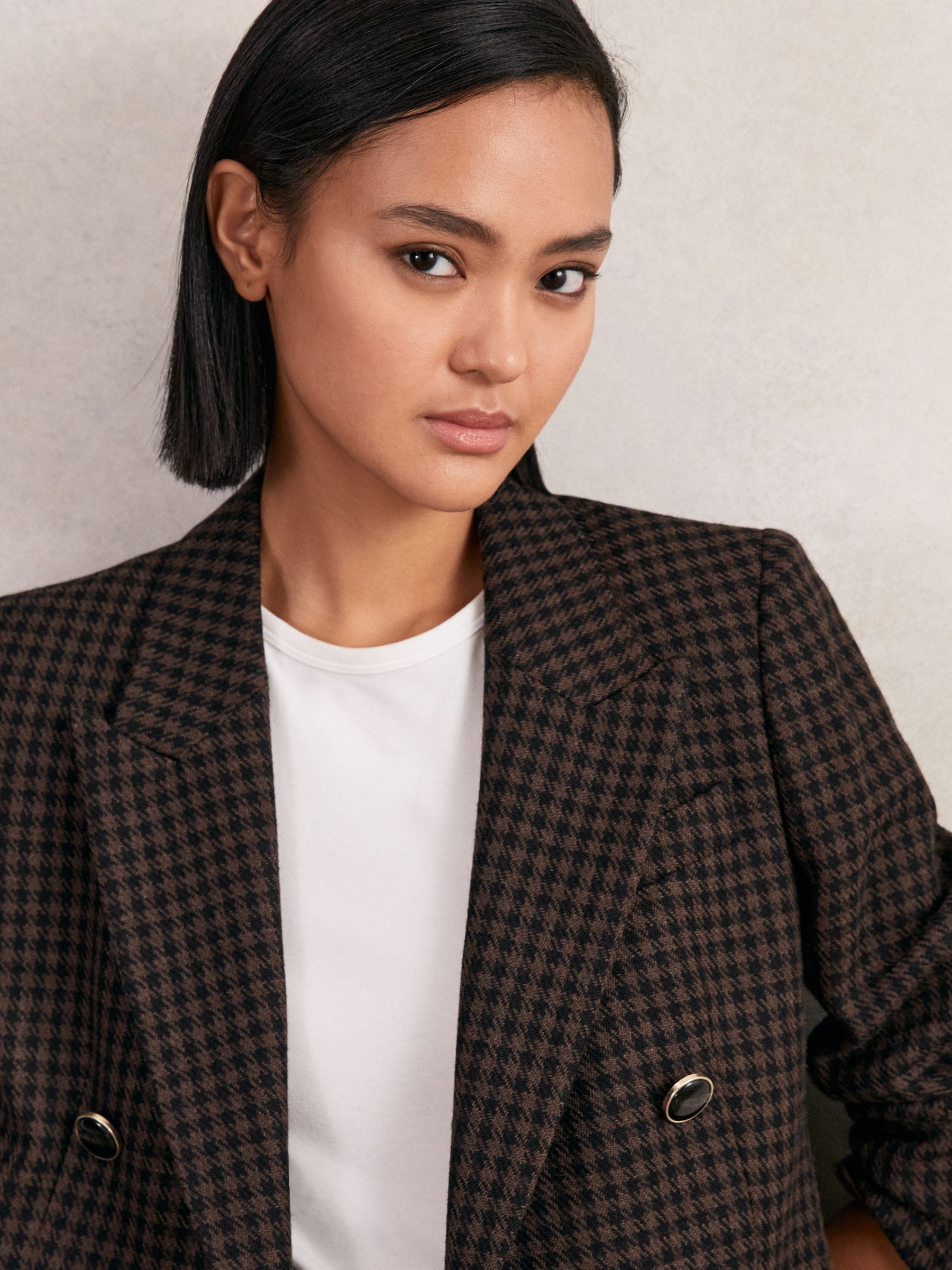 Wool-Blend Double-Breasted Check Blazer in Brown Check - Image 5 of 7