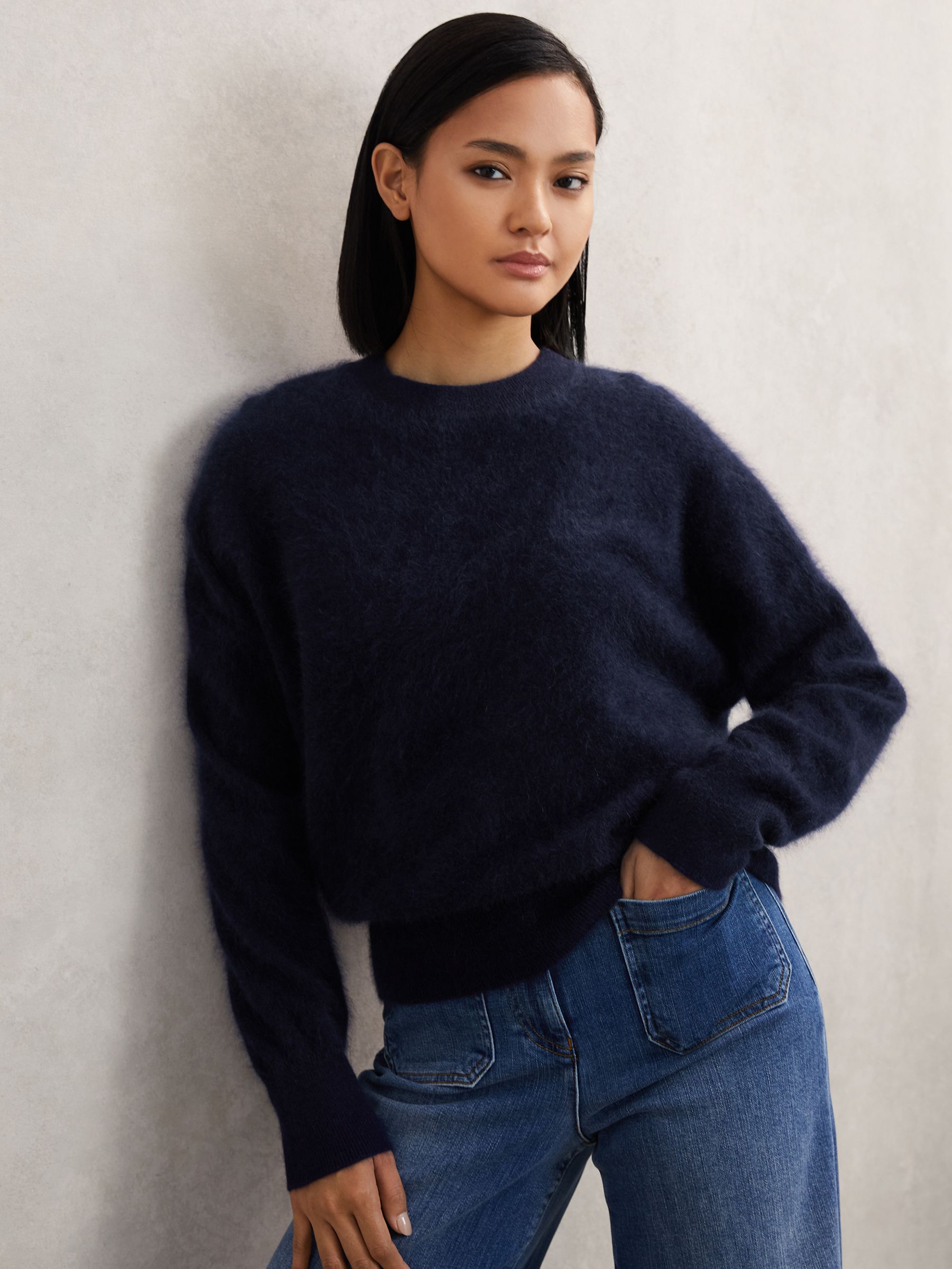 Brushed Cashmere Crew Neck Jumper in Navy - Image 4 of 6